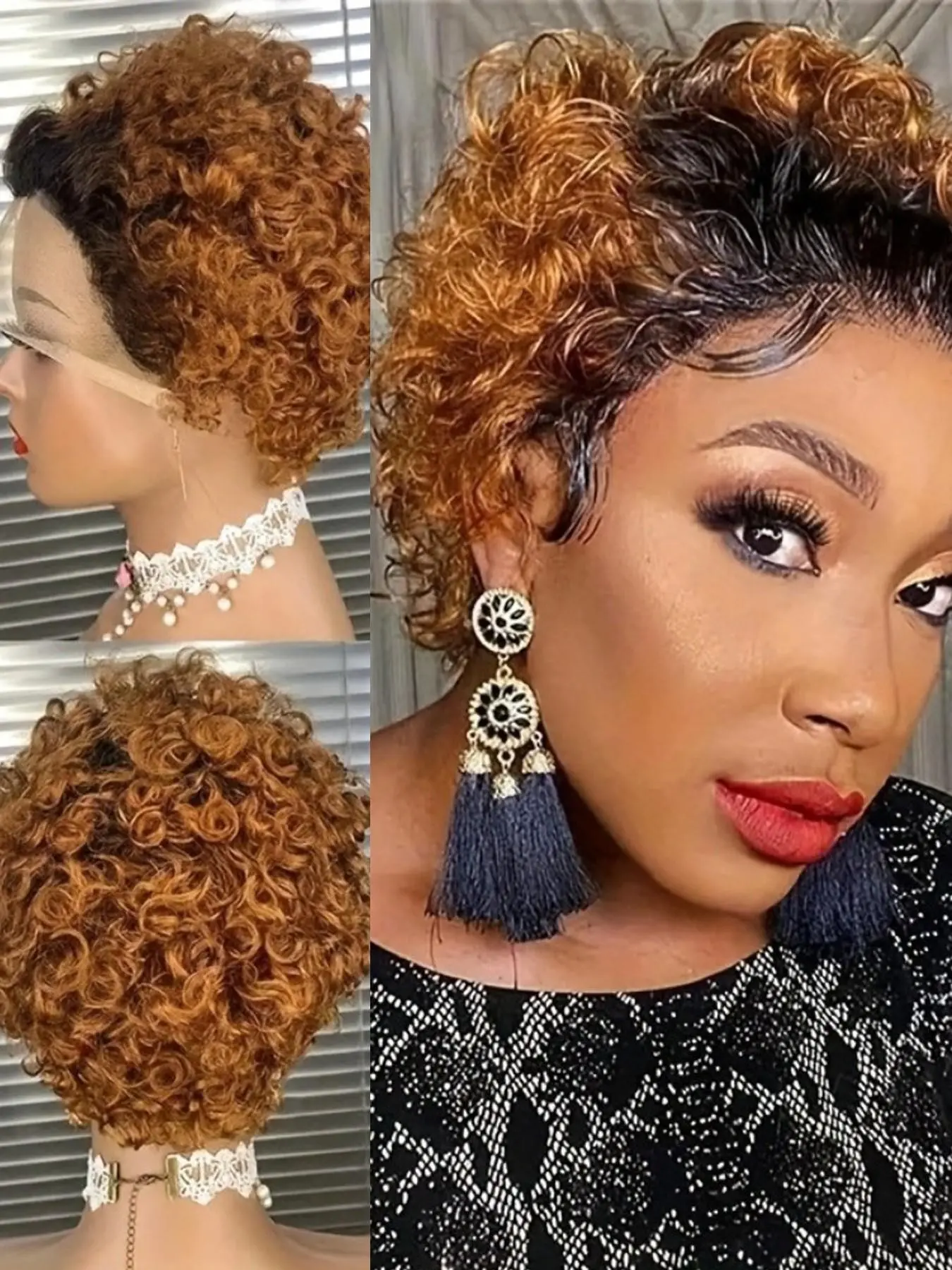 1B/30 Ombre Color Pixie Cut Curly Wave Human Hair Wig for Women 150% Density 6 Inch