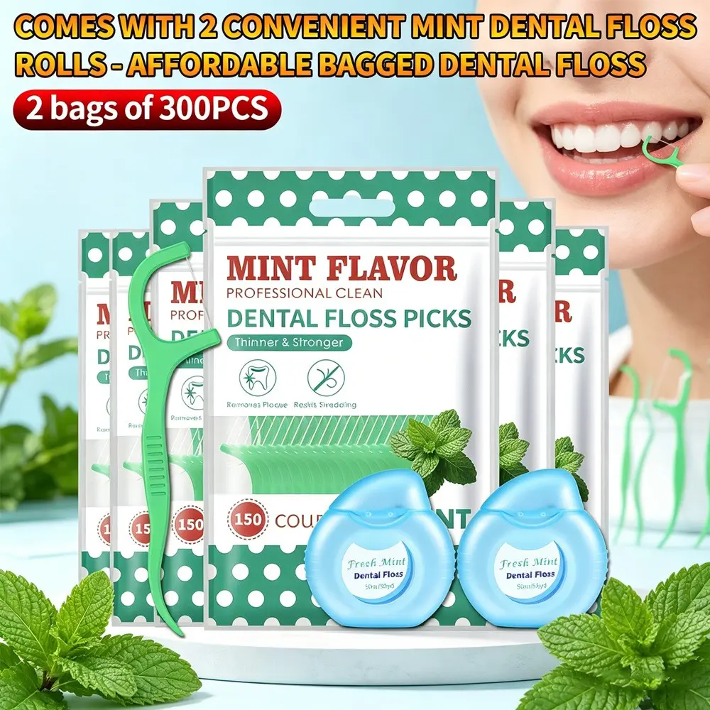 2 Bags 300pcs Disposable Mint Floss, Family Size Dental Floss Sticks, Includes 2 Convenient Mint Floss Rolls, Oral Care Essentials