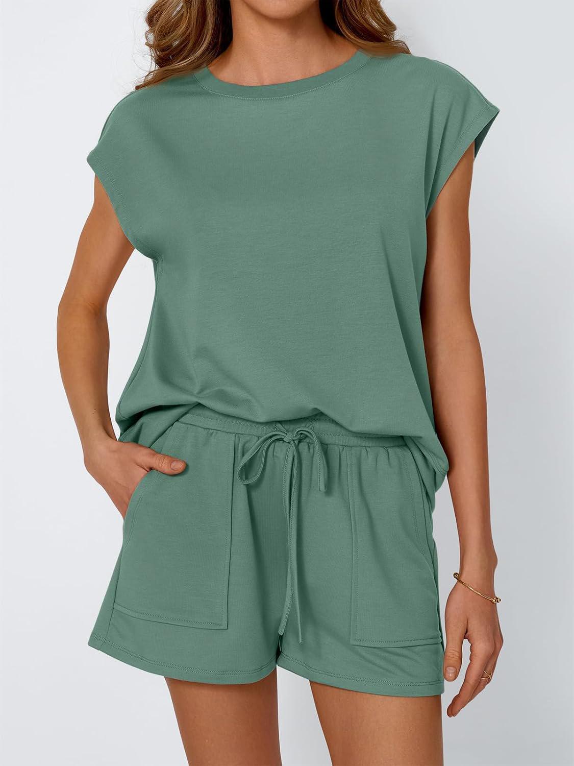 Women's 2-Piece Lounge Set - Sleeveless Cap Sleeve Top & Drawstring Pocket Shorts