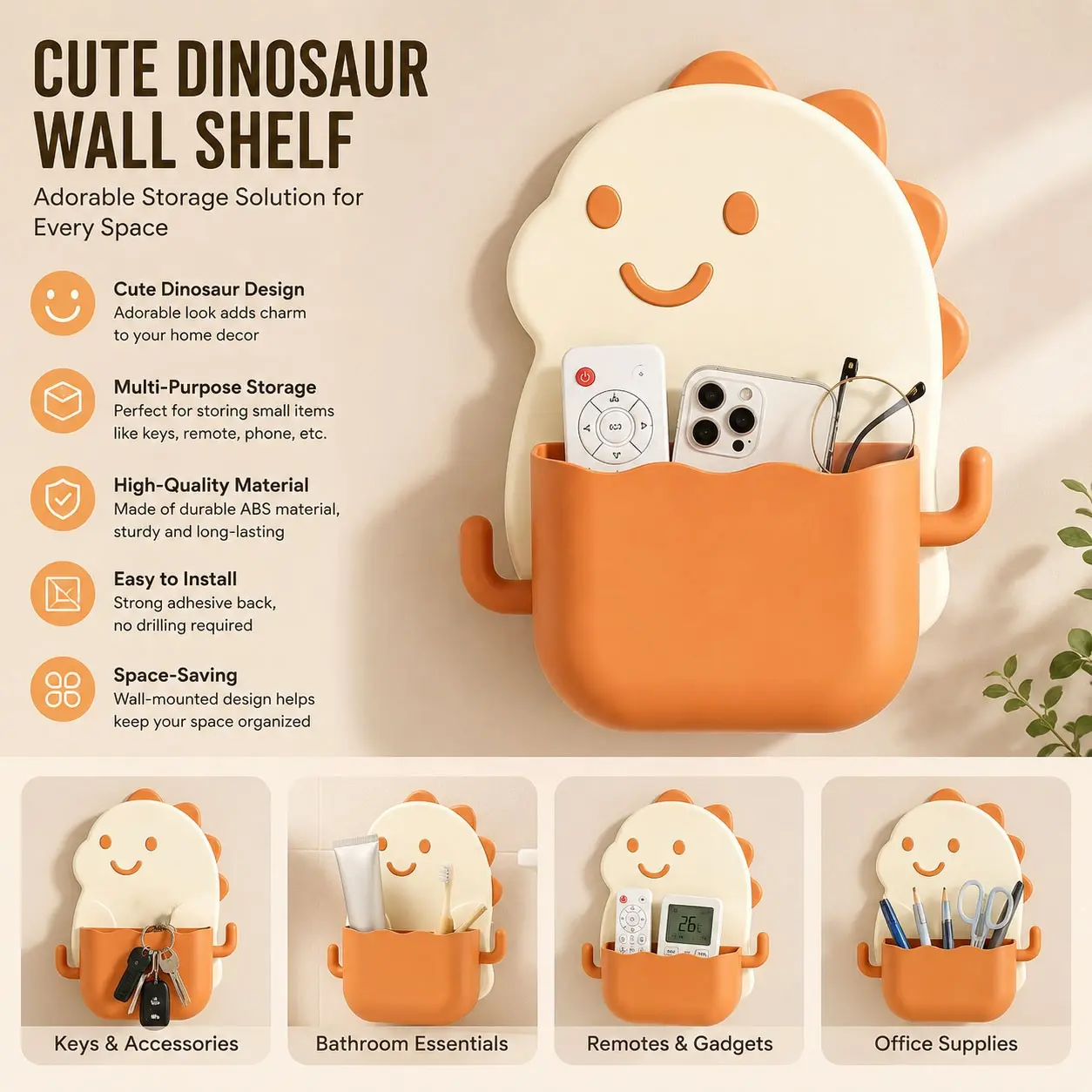 Cute Dinosaur Wall-Mounted Organizer, No-Drill Self-Adhesive Wall Rack for Bathroom, Kitchen, Bedroom, Toothbrush, Cosmetics, Small Items