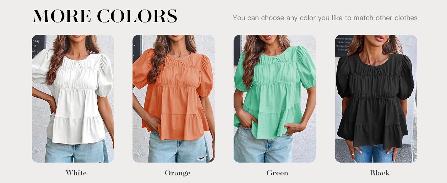 Womens Puff Sleeve Peplum Babydoll Tops Summer Smoked Pleated Cotton T-Shirts Casual Loose Fit Flowy Blouse