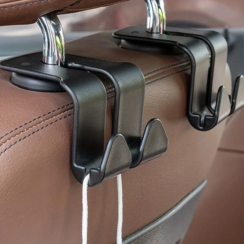 4-Piece Clip-On Car Headrest Rear Storage Hooks, Resin Stable Flush Mount Dual Holder, Saves Space for Various Car Models, Ideal to Suspend Bags & Accessories, Sturdy Safety Design