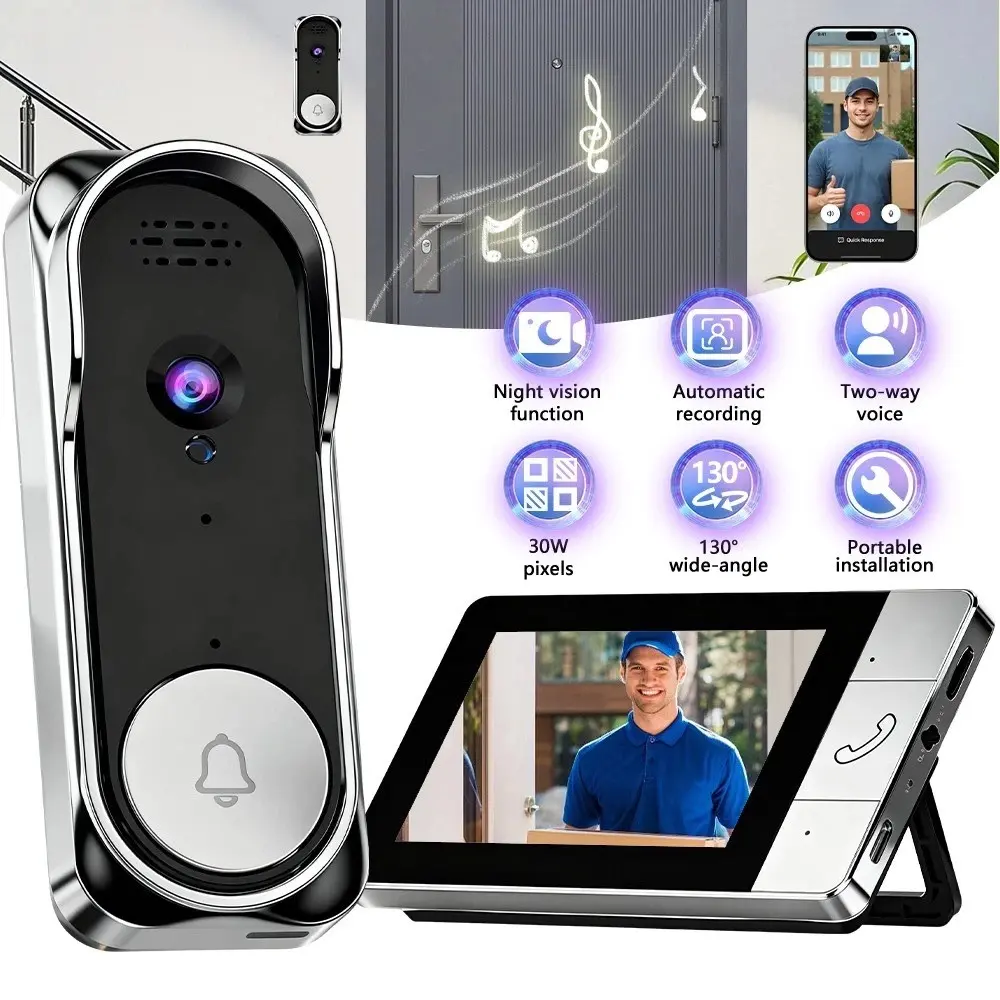Wireless Video Doorbell with 4.3 Inch Color Screen, 2.4g Connection, Night Vision, Waterproof Ip66, Long Battery Life, No APP Needed, Rechargeable Smart Doorbell, Security Doorbell