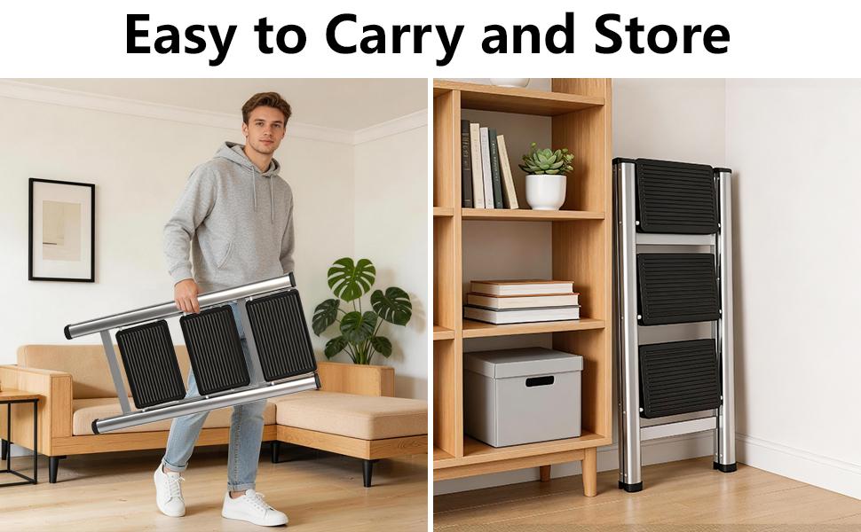 3-Step Ladder, Folding Step Stool for Adults with Wide Anti-Slip Pedals, Portable Step Ladder for Kitchen/Closet/Garage, Steel Multi-use Foldable Stepstool for Home 330 Lbs