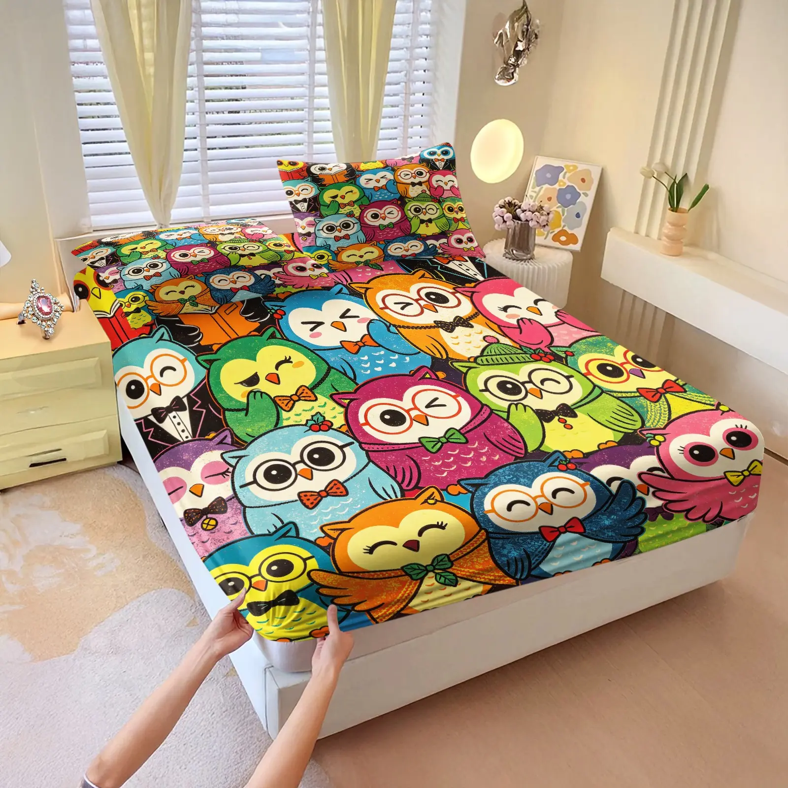 3Pcs Vintage Cute Pet Allover Fitted Sheet Set, Owl Fox Dog Hamster Cartoon Print, Stretch Anti-Slip Washable Bedding for Girls Apartment & Homestay Decor