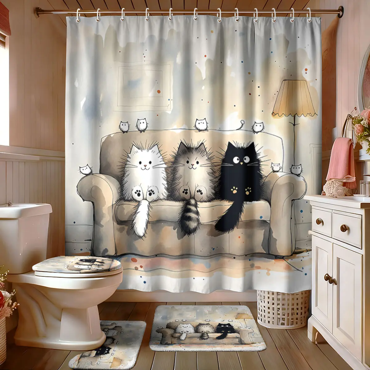 A four-piece hand-painted cat-themed sofa bathroom set, including an anti-slip rug, toilet seat, and bath mat, suitable for modern bathroom decoration. The set also includes a bathroom organizer with 12 hooks.