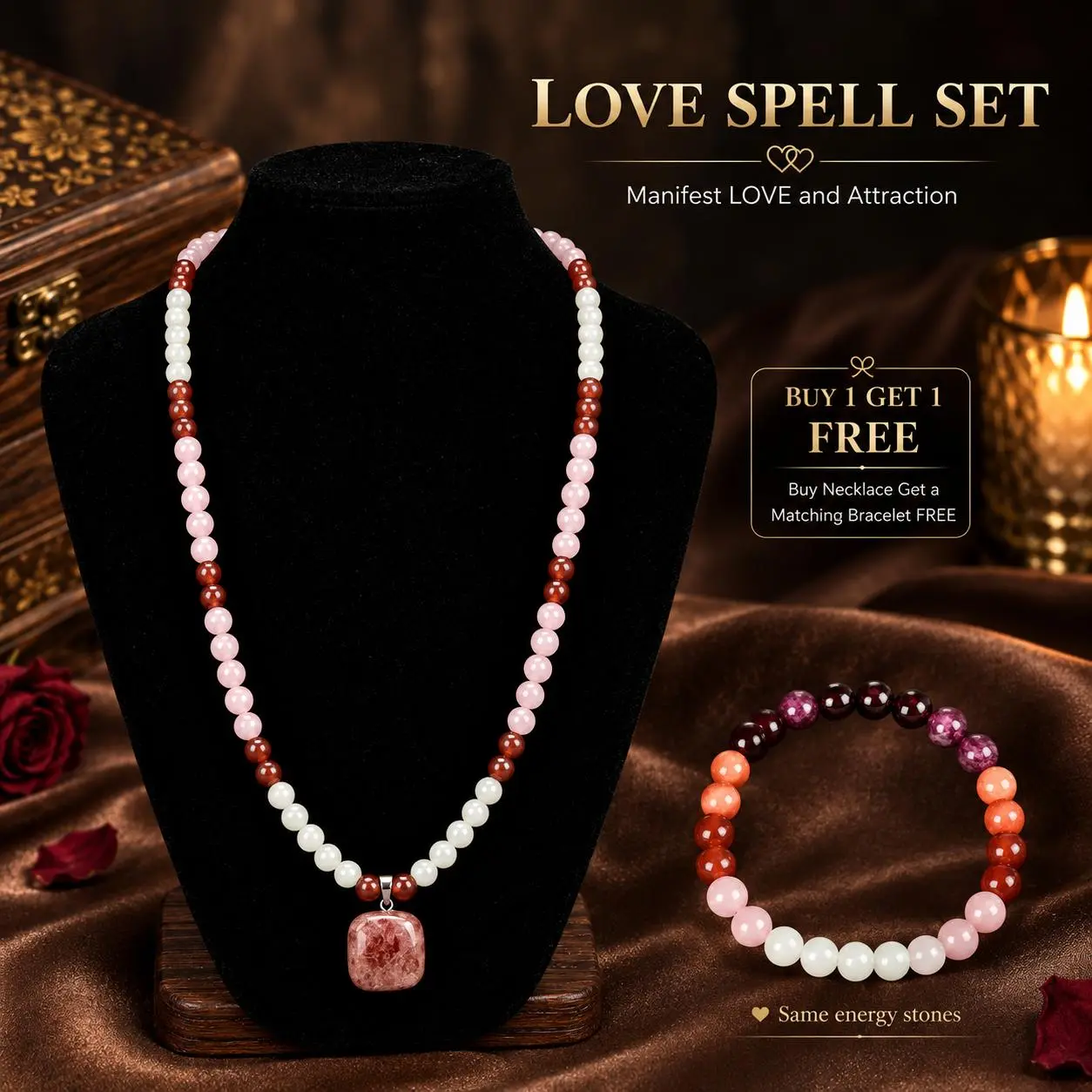 Arpurraina Love Spell Jewelry Set – Rose Quartz & Strawberry Quartz Crystal Beaded Necklace and Bracelet Set for Manifesting Love, Romance & Self-Love – Spiritual Gift for Her,Natural Healing Crystal  &BOGO Gift for Women,  Best Sellers Bundle