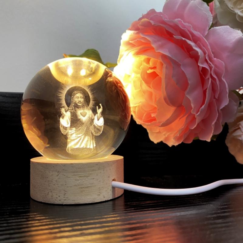 Crystal Ball Jesus Figurine Wooden Frame Base Glass Ball Figurine Religious Collection Home Decoration Gifts Ornaments Glow