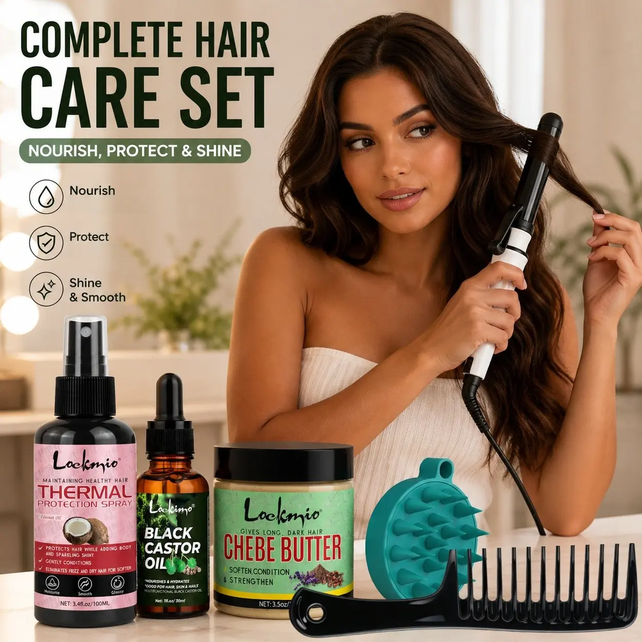 5Pcs Heat Damage Protection Hair Care Set, Thermal protection spray, Leave‑In Hair Conditioner Spray, Black Castor Oil, Shea Butter Hair Mask, Hydrate, Moisturize, Soften, Smooth Shiny Hair, With Wide Tooth Comb Scalp Massage Brush