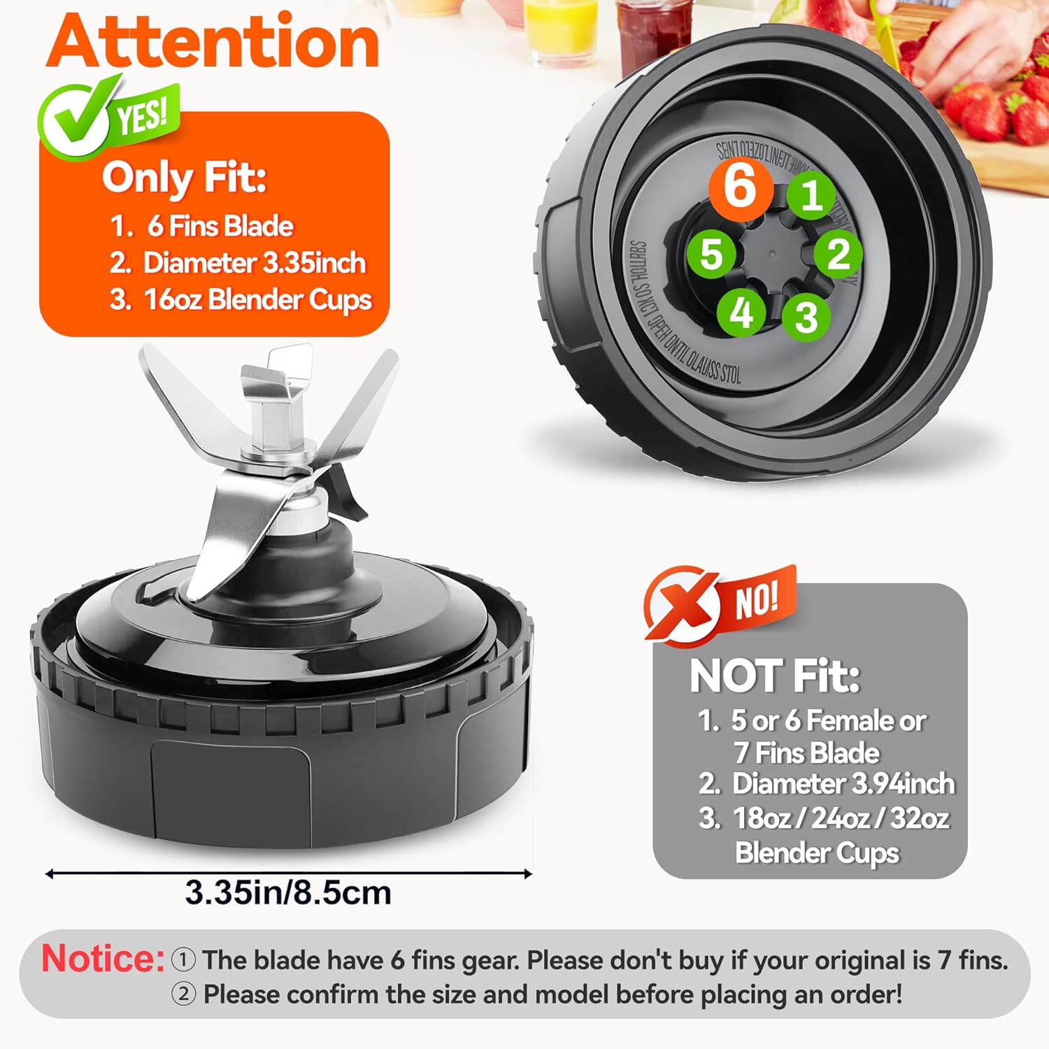 1-pack 6 Fins Extractor  Assembly for , 3.35inches/8.5cm Blender  Replacement  Compatible with  BL660 BL740 BL770 BL771 BL772 BL773CO BL780, with Hook, Brush, Rubber Gasket