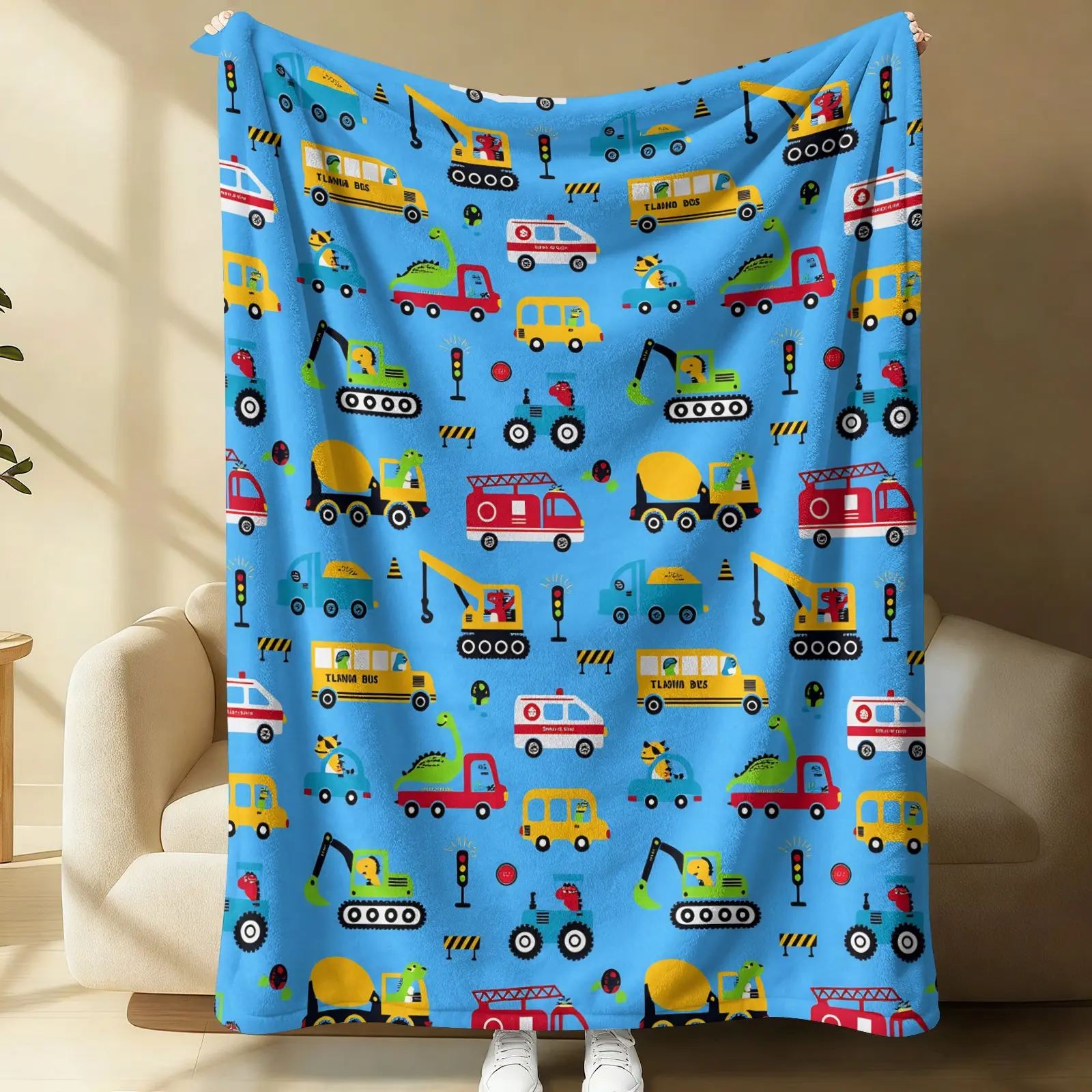 Kids Construction Vehicle Print Flannel Blanket, Blue Cartoon Car & Truck Throw Blanket, Soft Cozy Warm Blanket for Toddler Boys, Lightweight Cute Gift Blanket for Couch Bed Sofa, Nursery & Playroom Decor