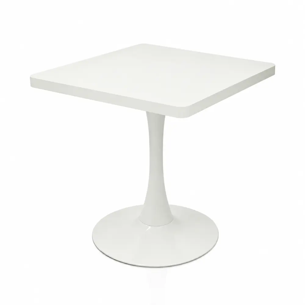 Mid-Century Modern Square Bistro Table, 23.6" Tulip Table with Thick Edges Decor Tabletop & Metal Pedestal, Indoor Furniture for Small Kitchen, Living Room (White)