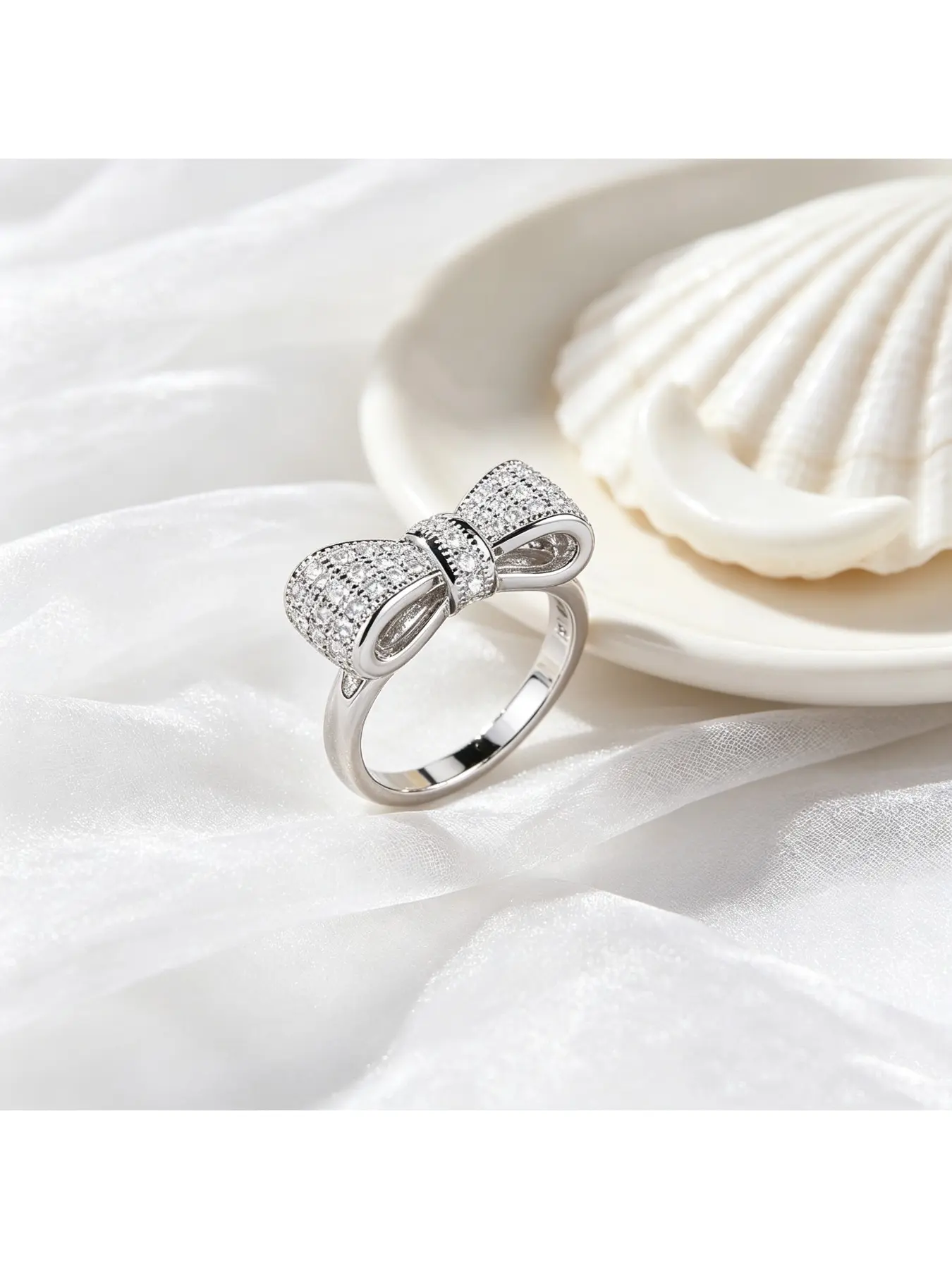 Pavé Full Diamond 3D Bow Silver Engagement Ring, Bridal Ring, Sweet Girly Daily Gift for Women, Double Curved Stone Sleek Thin Versatile Band for Everyday Wear, Perfect for Valentine Dates, Christmas Parties and Sweet Proposal Scenes