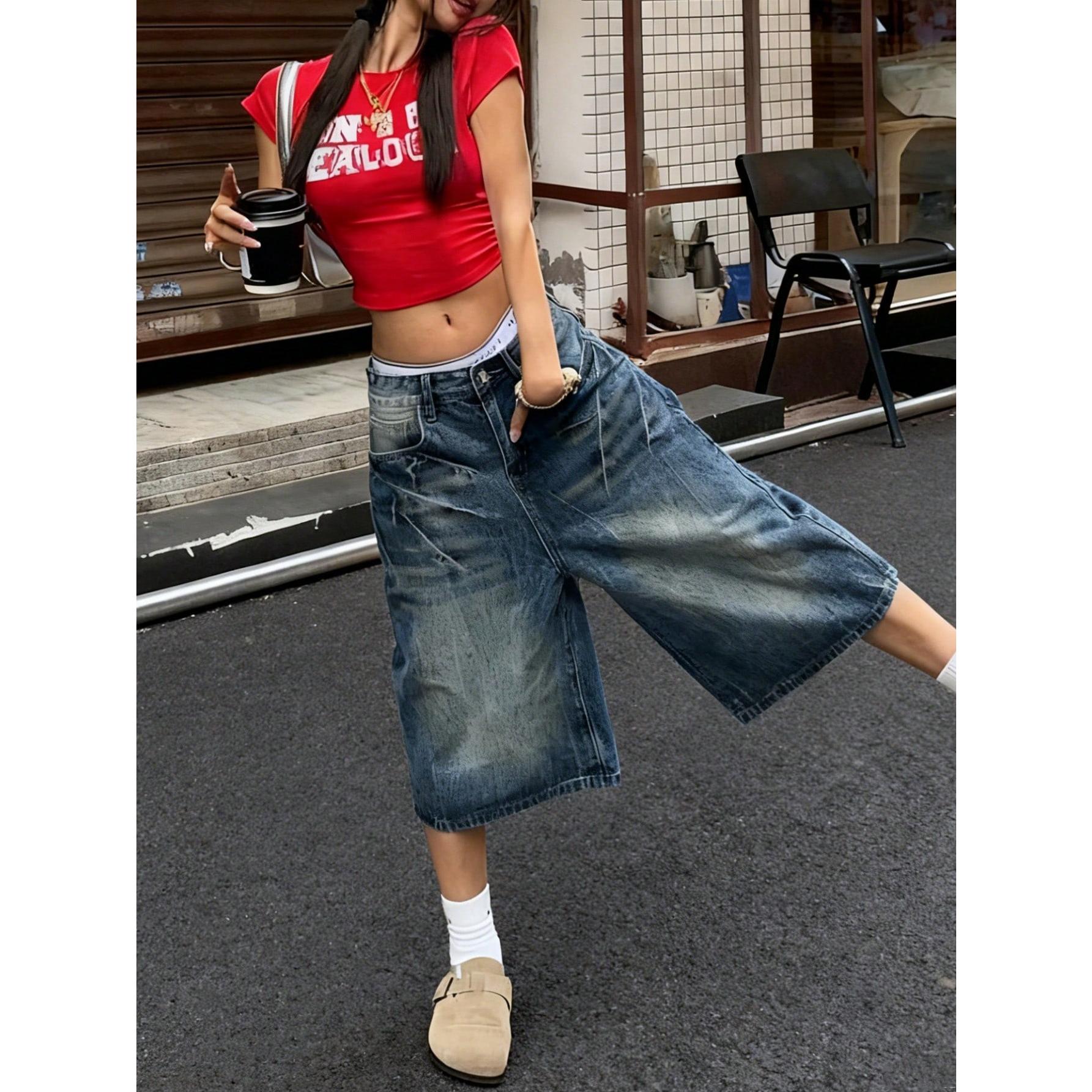 Vintage Washed Cat Whisker Pocket Wide Leg Bermuda Denim Shorts Casual Capri Music Festival