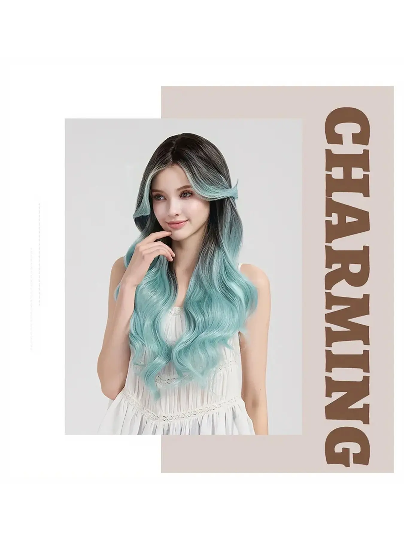 Women European Style Gradient Mint Green Long Curly Full Wig, Middle Part with Curtain Bangs, Fluffy Natural Big Wave Synthetic Wig