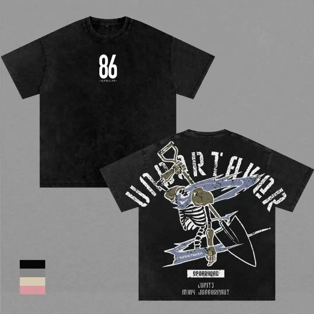 86 Eighty Six Undertaker Anime Double Printed Vintage Washed Tee Unisex Oversize Anime Manga Washed Heavyweight Cotton T-shirt