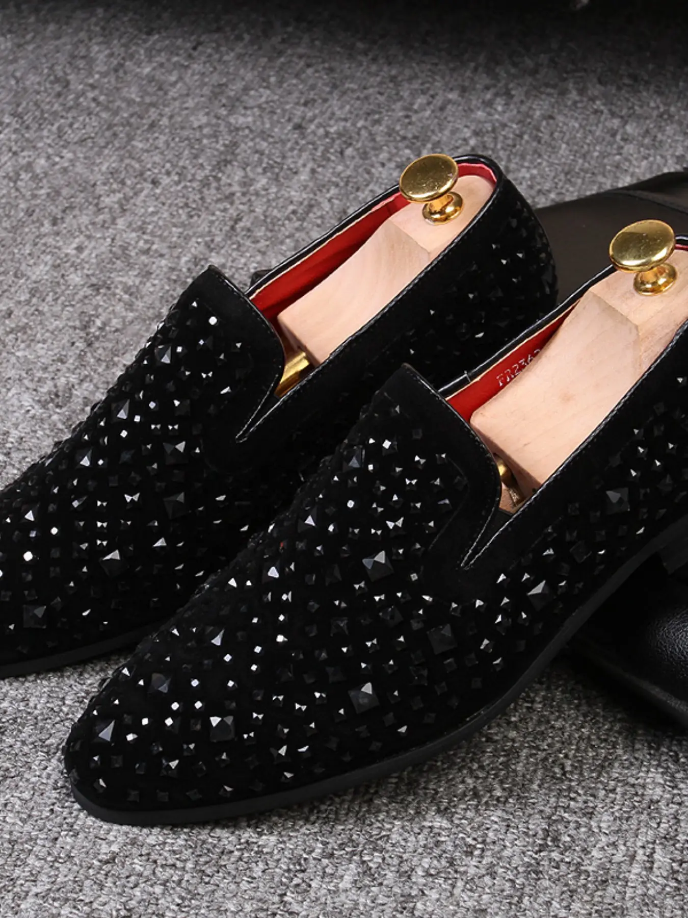 Men's Rhinestone Slip-On Loafers, Sparkly Velvet Dress Shoes, PU Leather, Rubber Sole, All Seasons, Less Than Ankle Height, Solid Pattern, Business Style Loafers