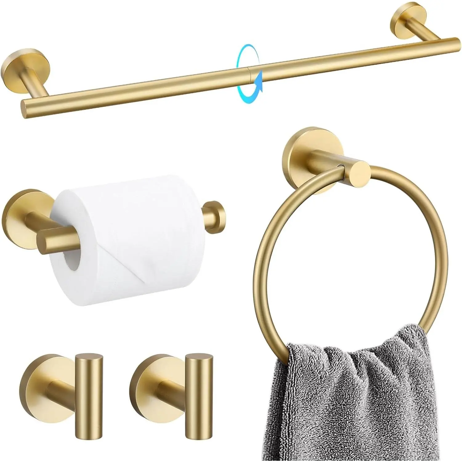 5 Piece Bathroom Accessories Set Brushed Gold Bathroom Hardware Set 23.6 Inch Bath Towel Bar Set SUS304 Stainless Steel Towel Rack Set
