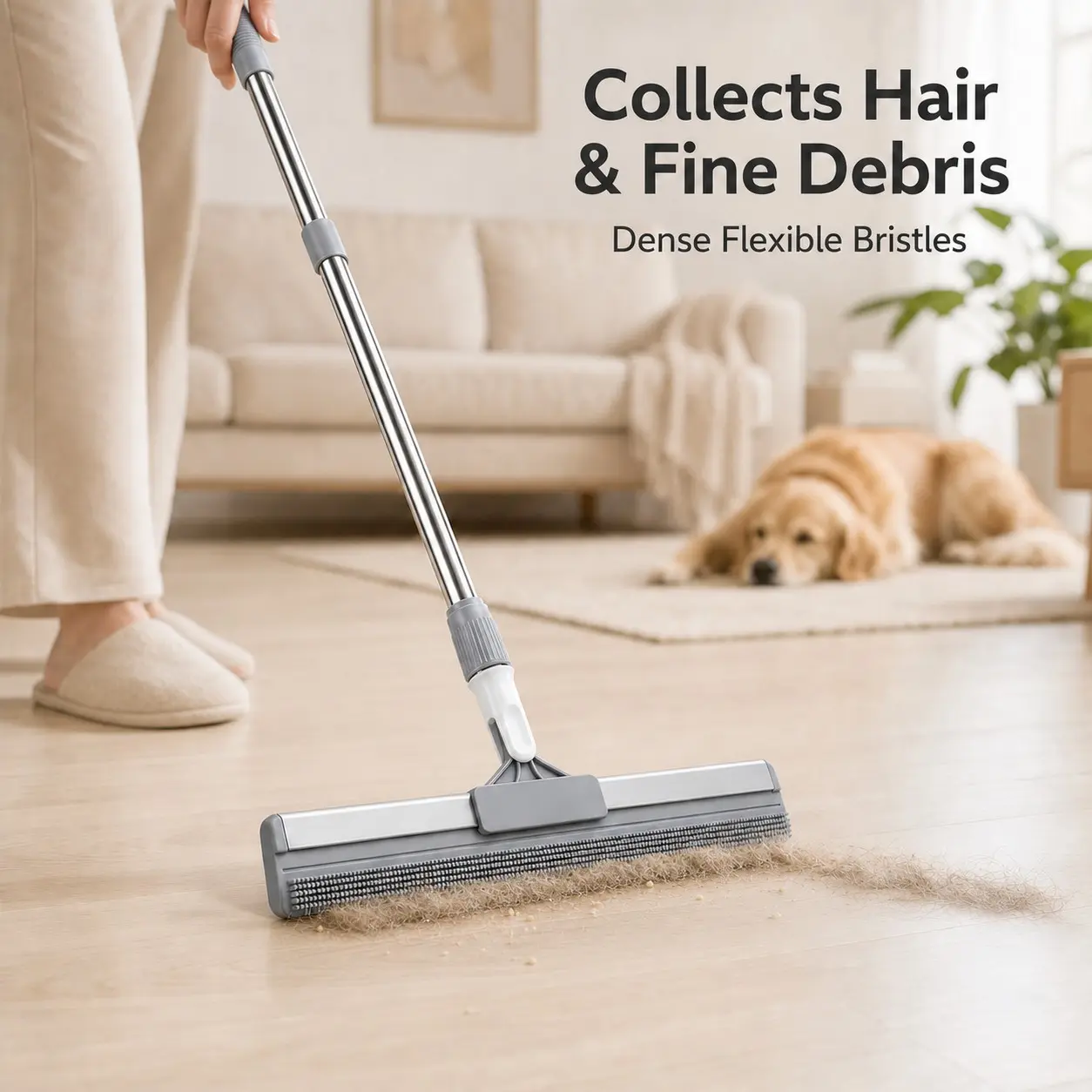 Floor Squeegee with Long Handle, Water Push Broom for Bathroom Shower Kitchen Garage, Silicone Rubber Blade Floor Scraper for Removing Water, Pet Hair and Dirt, Wet Floor Cleaning Tool for Home Indoor Outdoor Use
