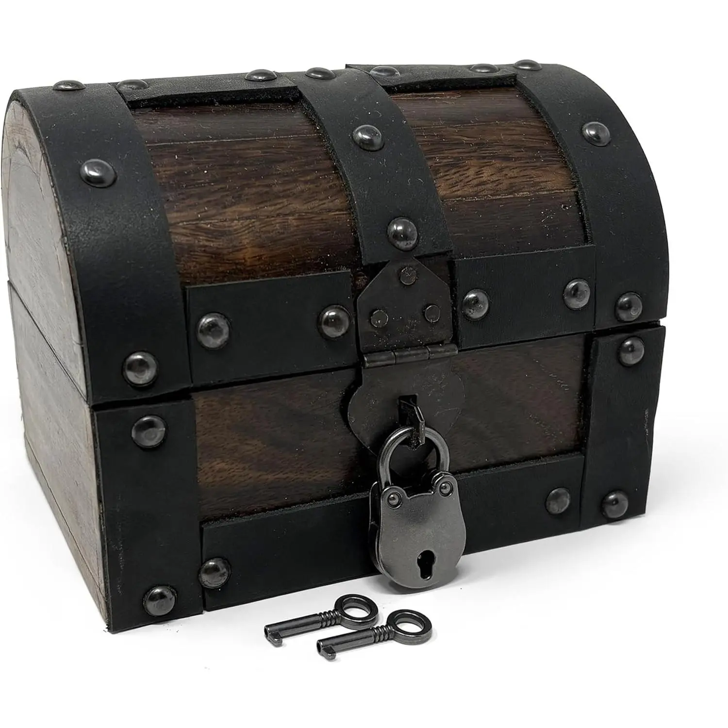 Handmade Wooden Treasure Chest Storage Box – Deluxe Design with Real Leather Accents, Working Iron Lock & Skeleton Keys, Decorative Keepsake Chest (X-Small - 5.5 x 4 x 4)