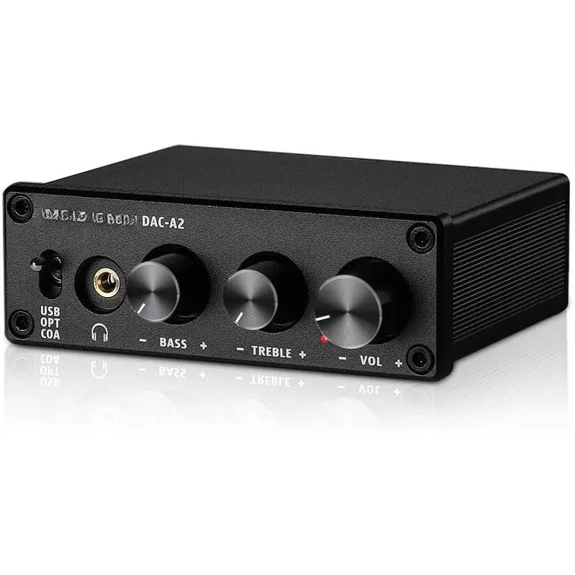 DAC-A2 Compact Stereo Headphone Amplifier DAC - Electronic Audio Interface with Bass Treble Controls, PC-USB/Optical/Coaxial Inputs, 3.5mm Output, 5V DC Power, 24Bit 192kHz, Noise Protection, Manufacturer Warranty for Movies, Gaming, Podcasts