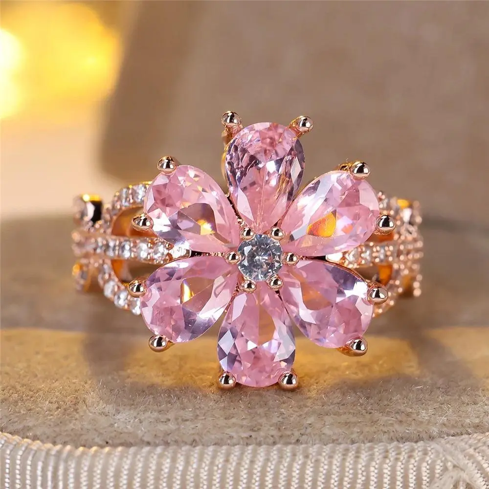 Cute Vintage Flower Ring for Women, Rose Gold Filled with Pink Crystal Accents, Long-Lasting Engagement Jewelry, Sizes 6-10, Flower Shape