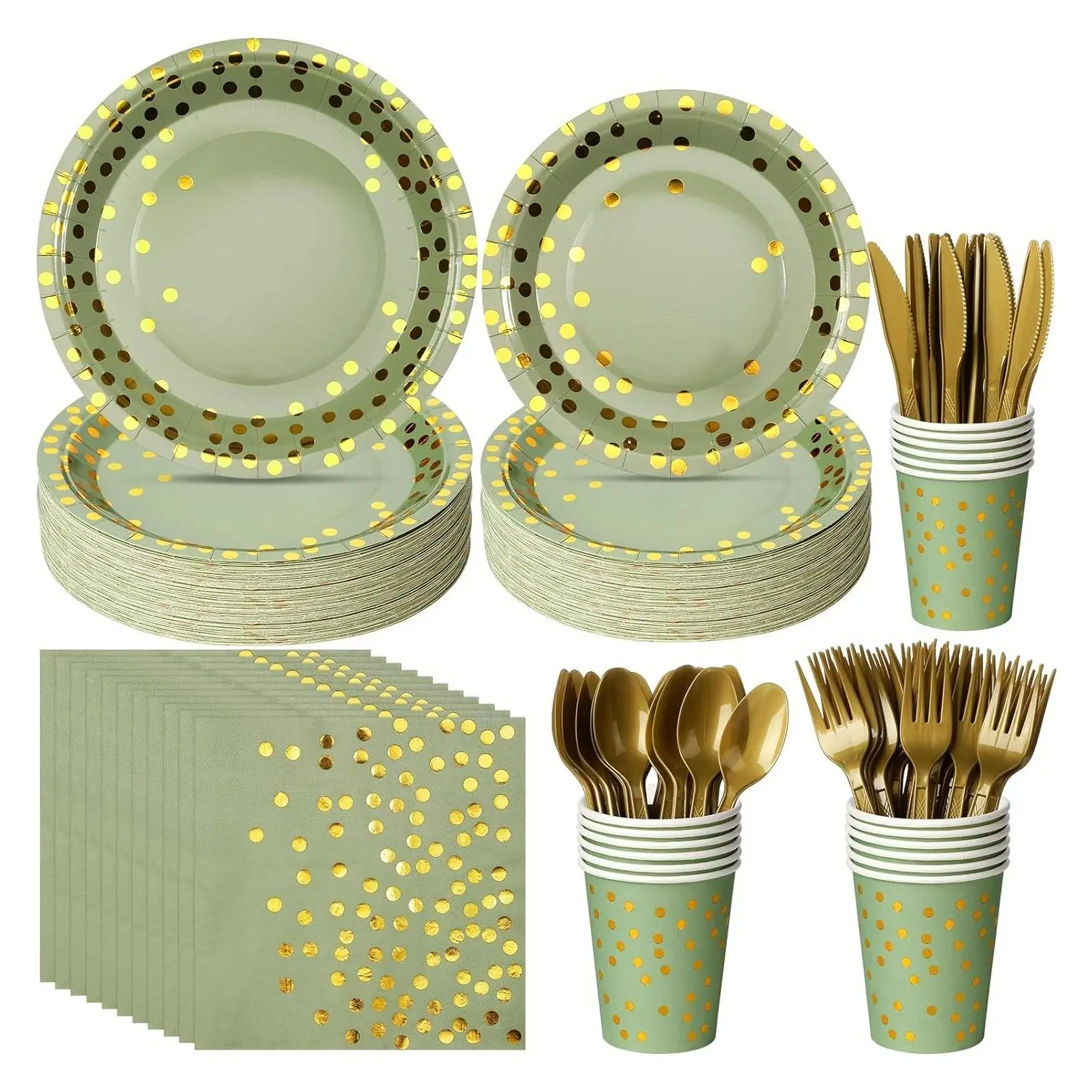 175-Piece Sage Green and Gold Polka Dot Disposable Party Tableware Set - Plates, Cups, Napkins for Baby Shower, Birthday, Wedding, Serves 25Gift