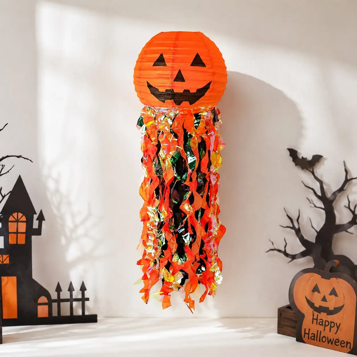 1Pc Halloween Pumpkin Jellyfish Paper Lantern 10Inch Jack-o'-lantern Iridescent Tassel Hanging Ornament for Halloween Party Doorway Window Ceiling Decor