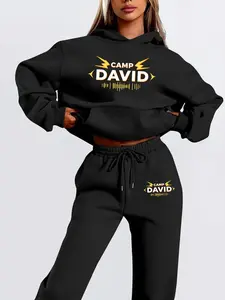 Women's Casual Two-Piece Set - Letter Print Hoodie & Pants, Set, Loose Pockets, Fleece for Fall Winter, Comfort | Loose Hoodie | Drawstring Pants