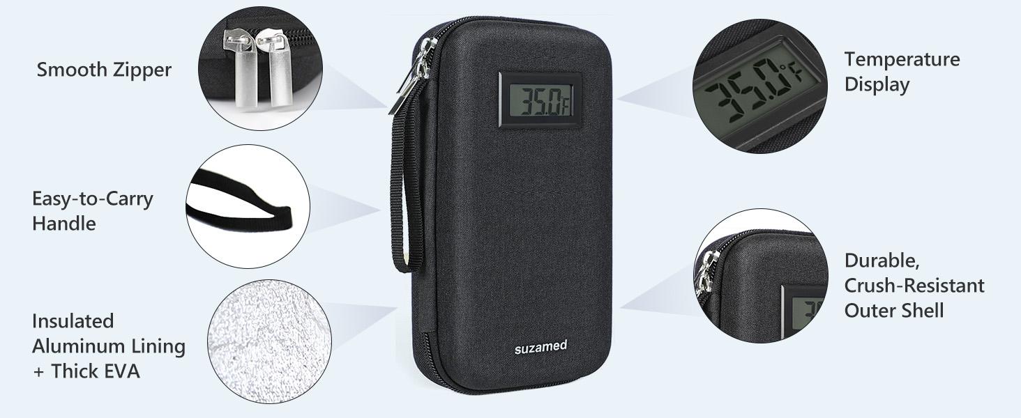 Insulin Cooler Travel Case,EVA Insulation Travel Medicine Kit with Temperature Display for Diabetes Care,Insulin Pen and Other Diabetic Supplies (Green-Temp)