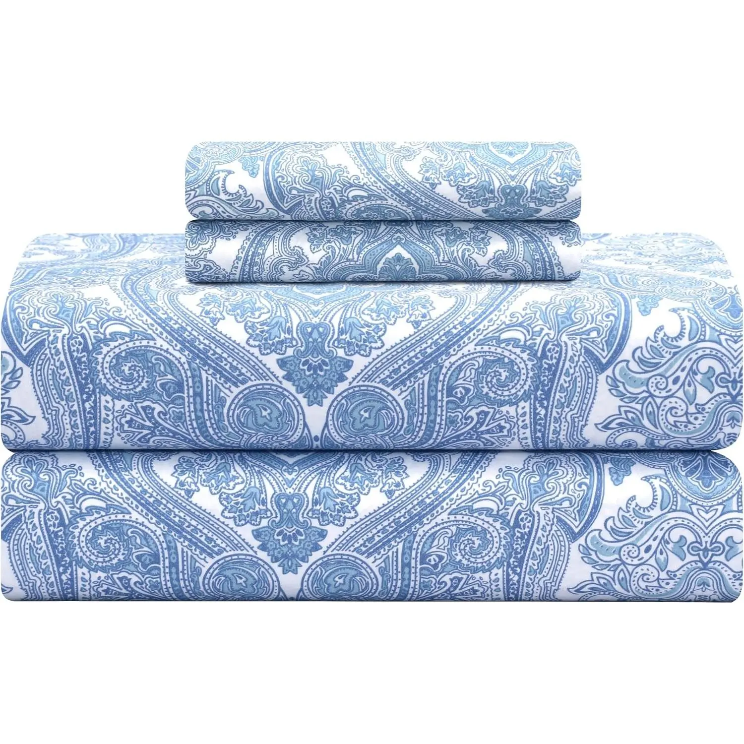 100% Cotton Percale Weave King Bedding Set - 300 Thread Count, 16" Deep Pocket, Cooling, Breathable, Hotel Premium Quality, Softest Blue Paisley Sheets, Deeppocket
