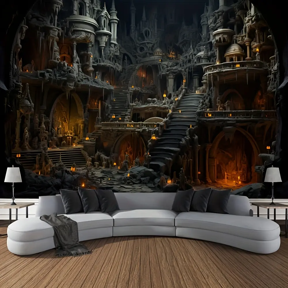 [Halloween] Vintage Gothic Castle Background, Horror Theme Wall Hanging for Halloween, Vampire Castle Interior Scene, No Electricity Needed, Featherless, Ideal for Halloween Party Decoration