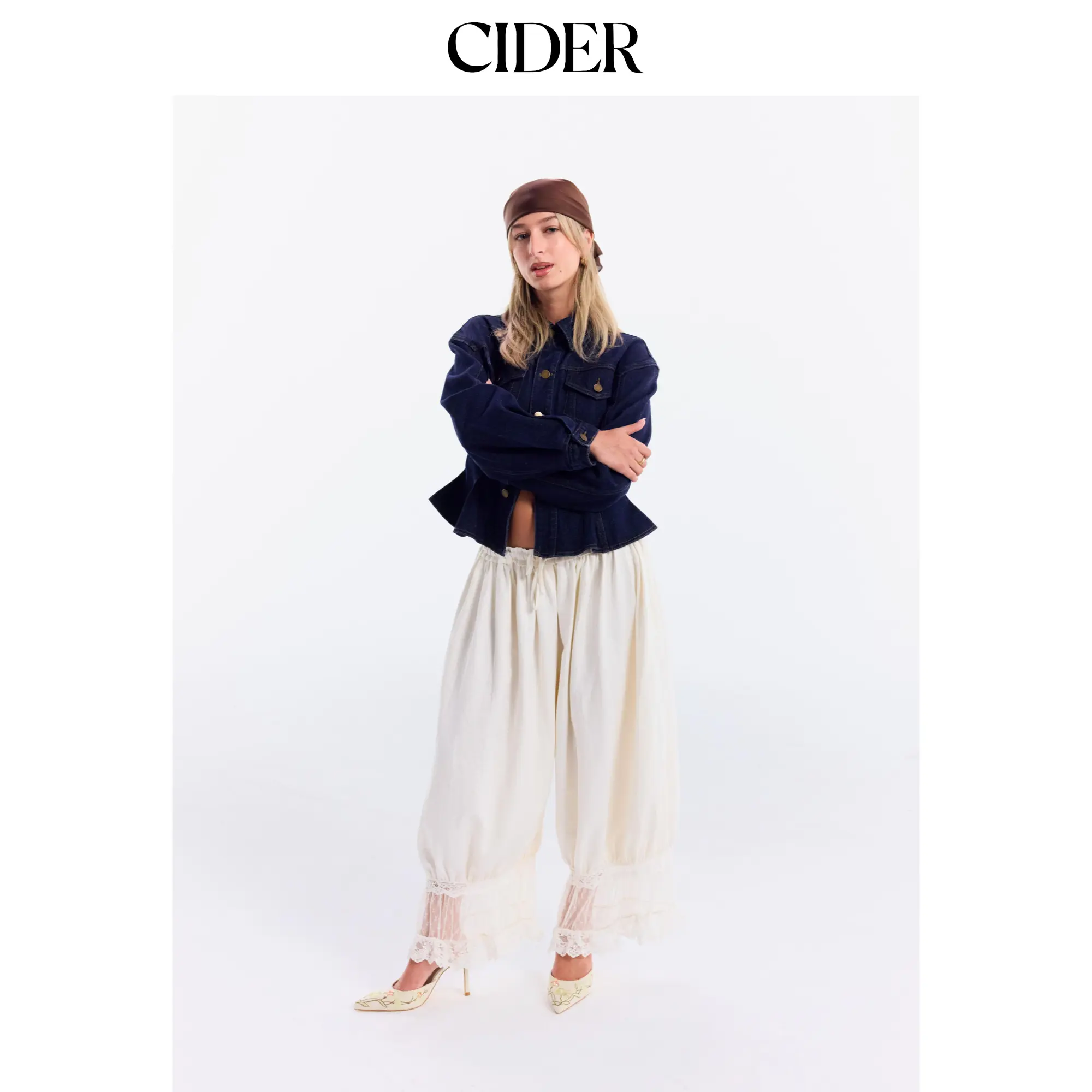 Cider Mid Rise Lace Patched Drawstring Cropped Bloomer Pants