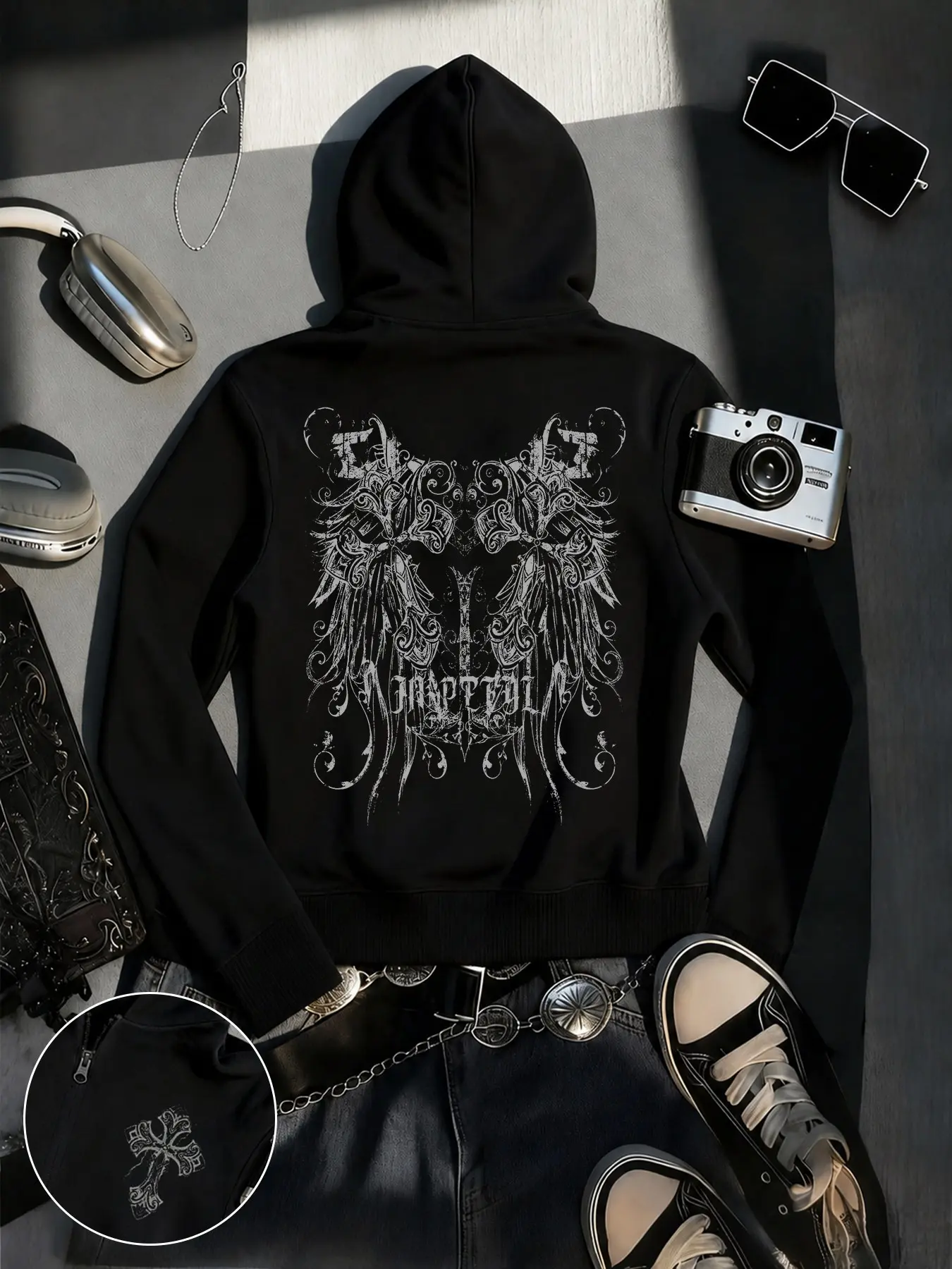 Women's Hooded Long Sleeve Zipper Jacket, Vintage Wing Print, Sporty Design, Casual Outerwear, Fashionable Campus Wear, Commute Style