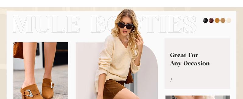 Coutgo Womens Mules Boots Chunky Stacked Heel Pointed Toe Booties Slip On Dress Boot Shoes with Buckle Decoration