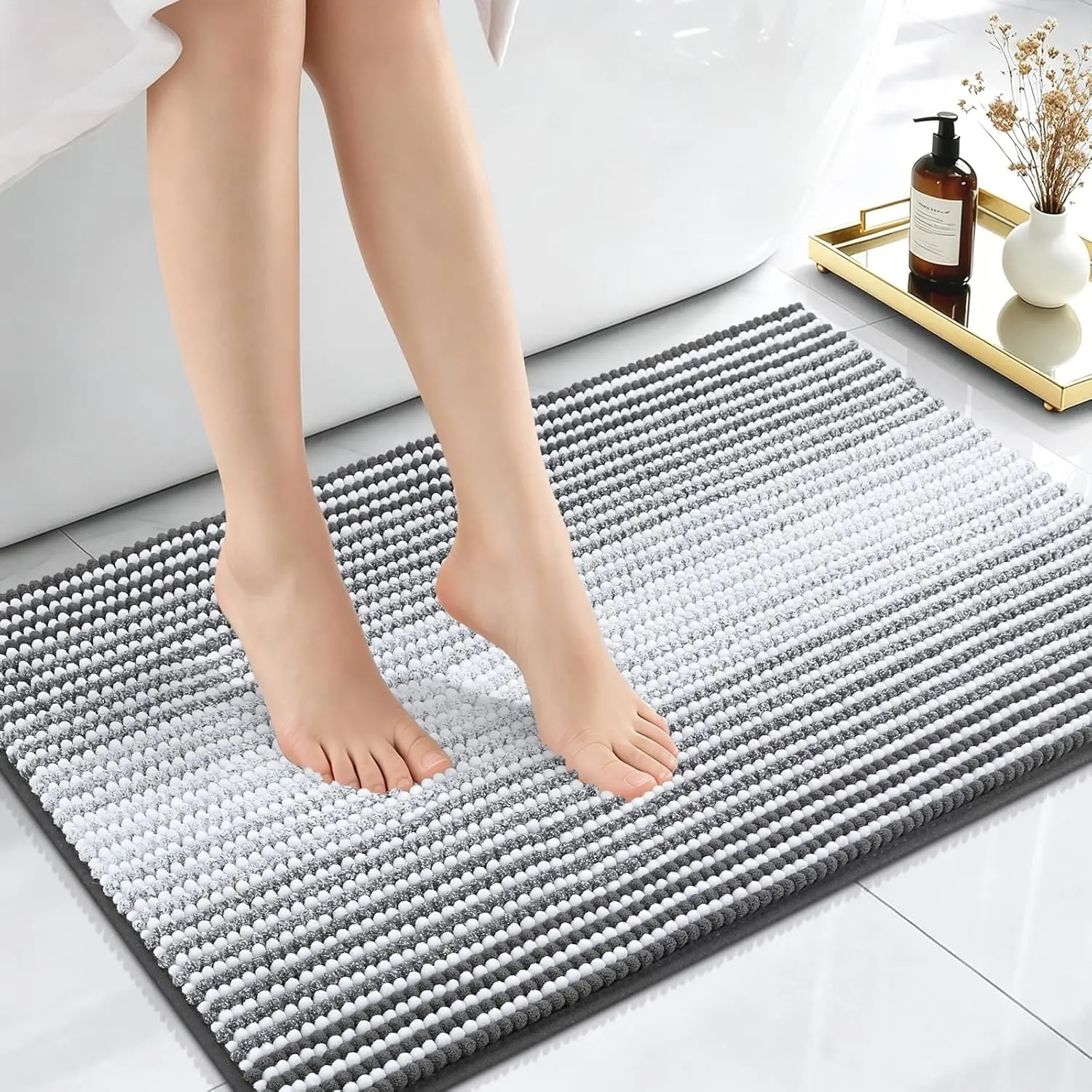 Small Bathroom Rugs 24x16, Extra Soft Absorbent Chenille Striped Bath Rugs, Rubber Backing, Machine Wash Dry, Bath Mats for Bathroom Floor, Tub and Shower, Home Decor Accessories, Grey