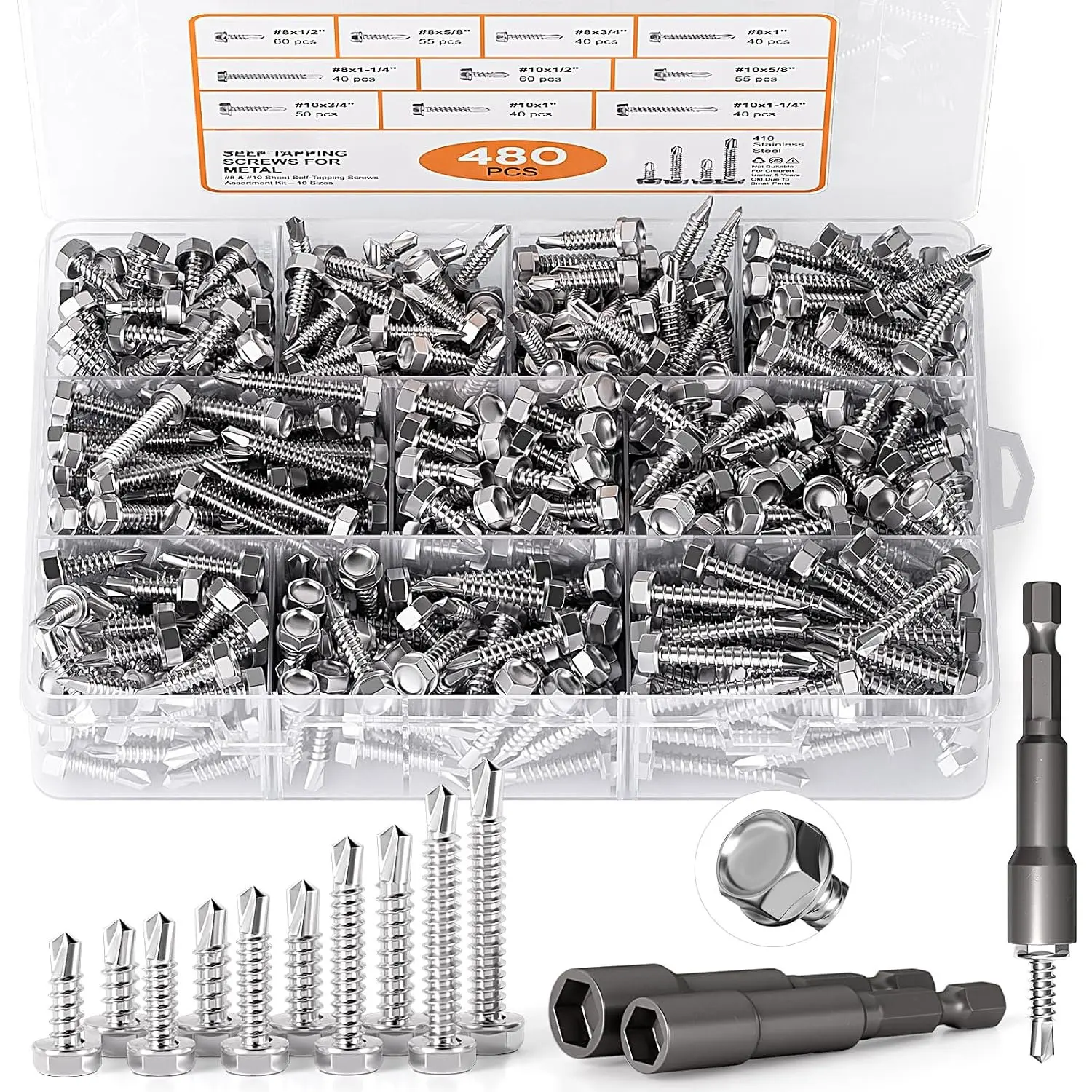 480 count #8#10 Self Tapping Screws for Metal with Socket | 410 Stainless Steel Self Drilling Screws, #8#10 x 1/2" 5/8'' 3/4'' 1'' 1-1/4'', Hex  Sheet Metal Screws  Kit