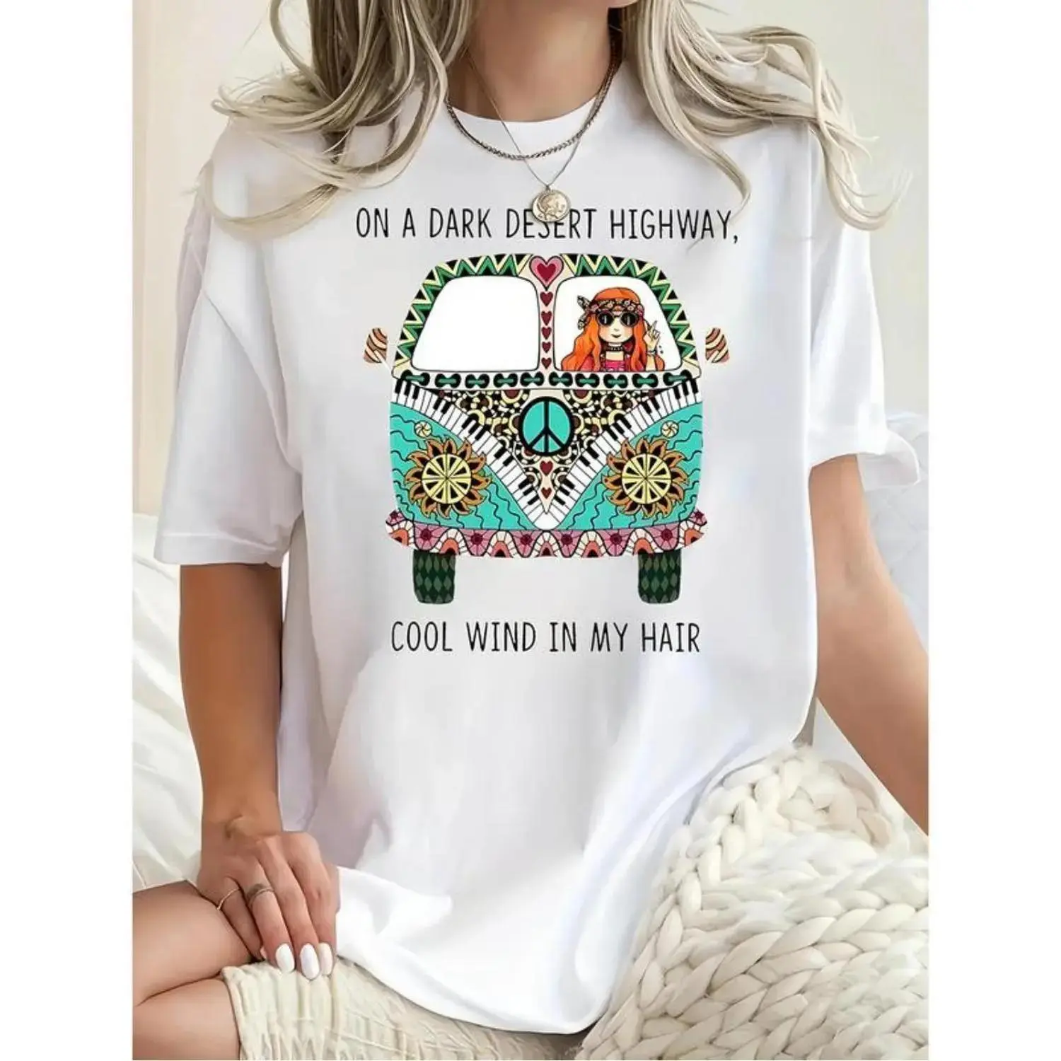 Plus Size Women's Vibrant Bohemian Graphic Print Tops, Hippie Bus Art & Desert Scene T-Shirt with Dark Desert Highway Quote, Modern Fit for Relaxed Look, Textured Fabric, Warmer Weather