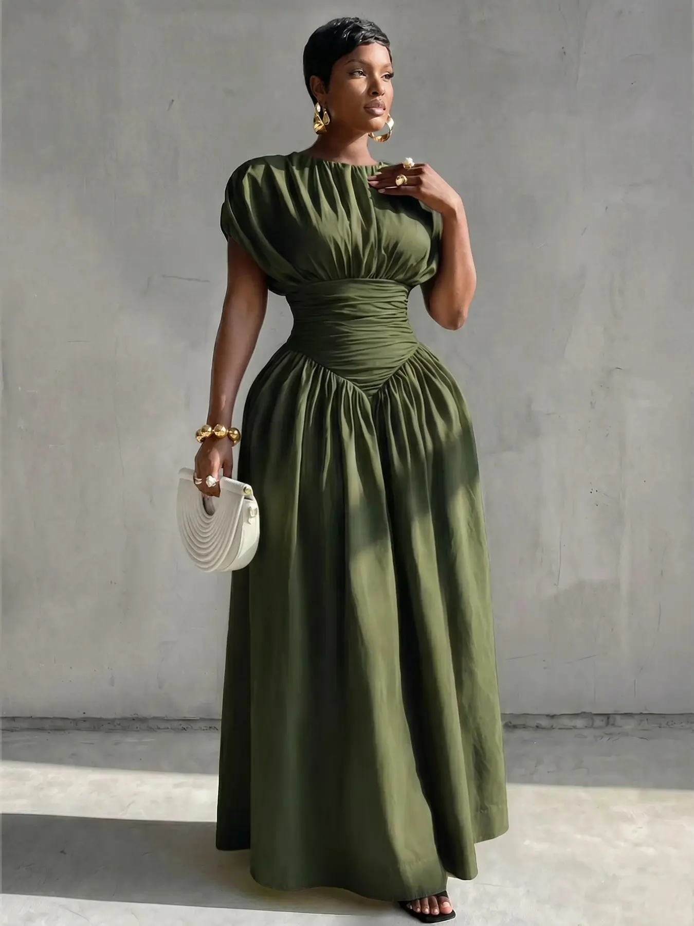 Women's Solid Color Round Neck Batwing Short Sleeve Dress, Cinched Waist Elegant Dinner Dress, Olive Summer Fashion Elegance