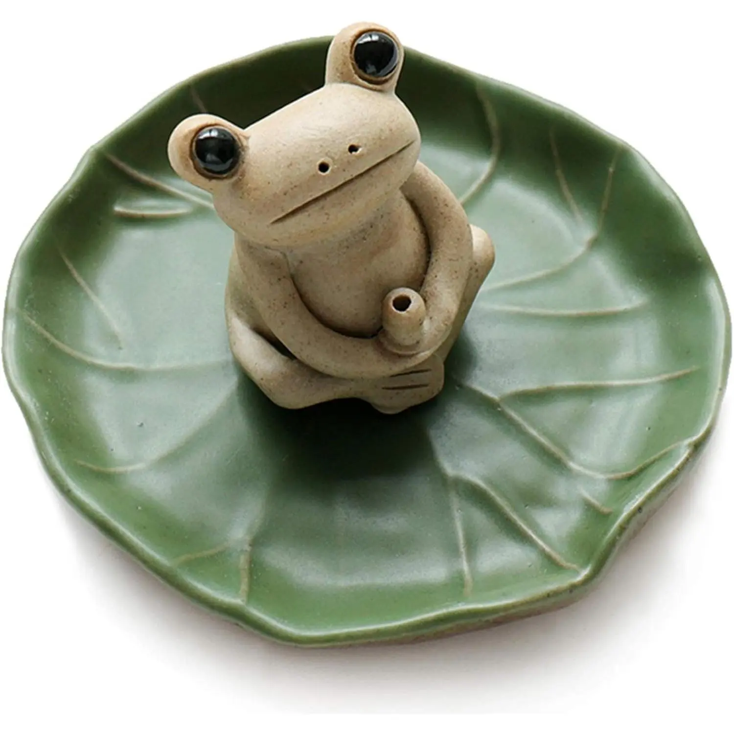 100% Handmade Ceramic Stick Incense Burner Holder with Small Frog and Lotus Leaf Tray, Mini Cute Animal Statue Home Incense BurnerGift