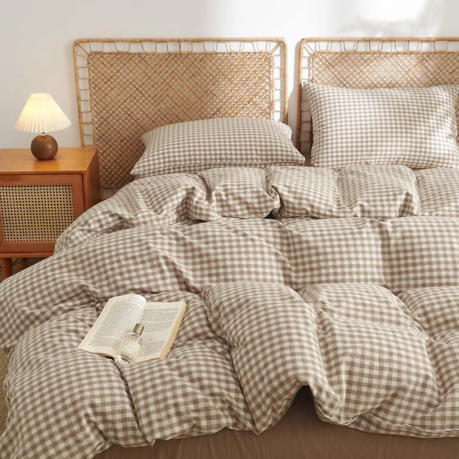 Gingham Duvet Cover King Size 100% Washed Cotton Brown Tan Plaid Checkered Comforter Cover 3 Pcs Soft Breathable Grid Farmhouse Dorm Bedding Set for All Seasons