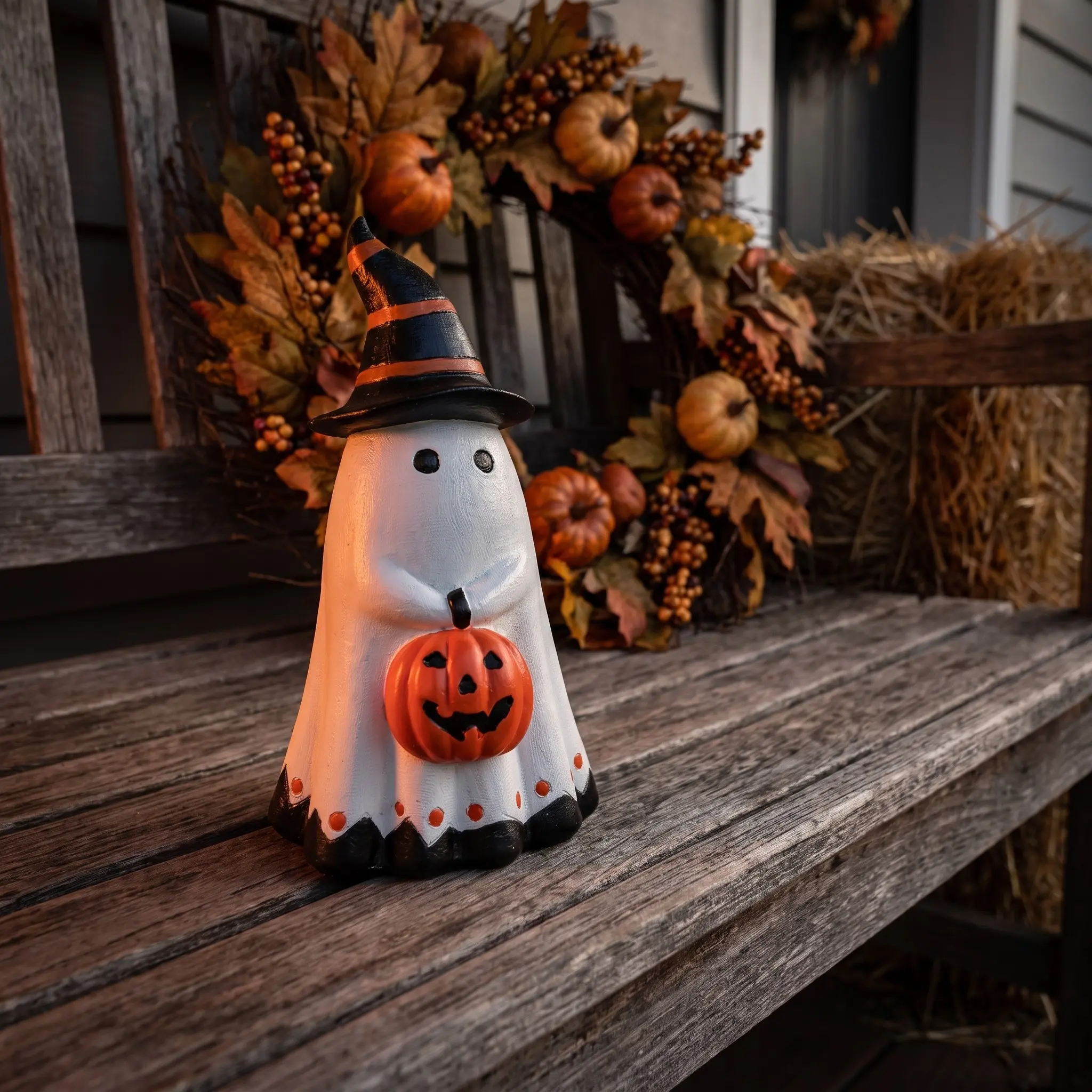 Whimsical Halloween Gnome Spooky Ghost Statue, Quirky Witch Hat Pumpkin Decor, Unique Home Decoration, Perfect for Festive Season