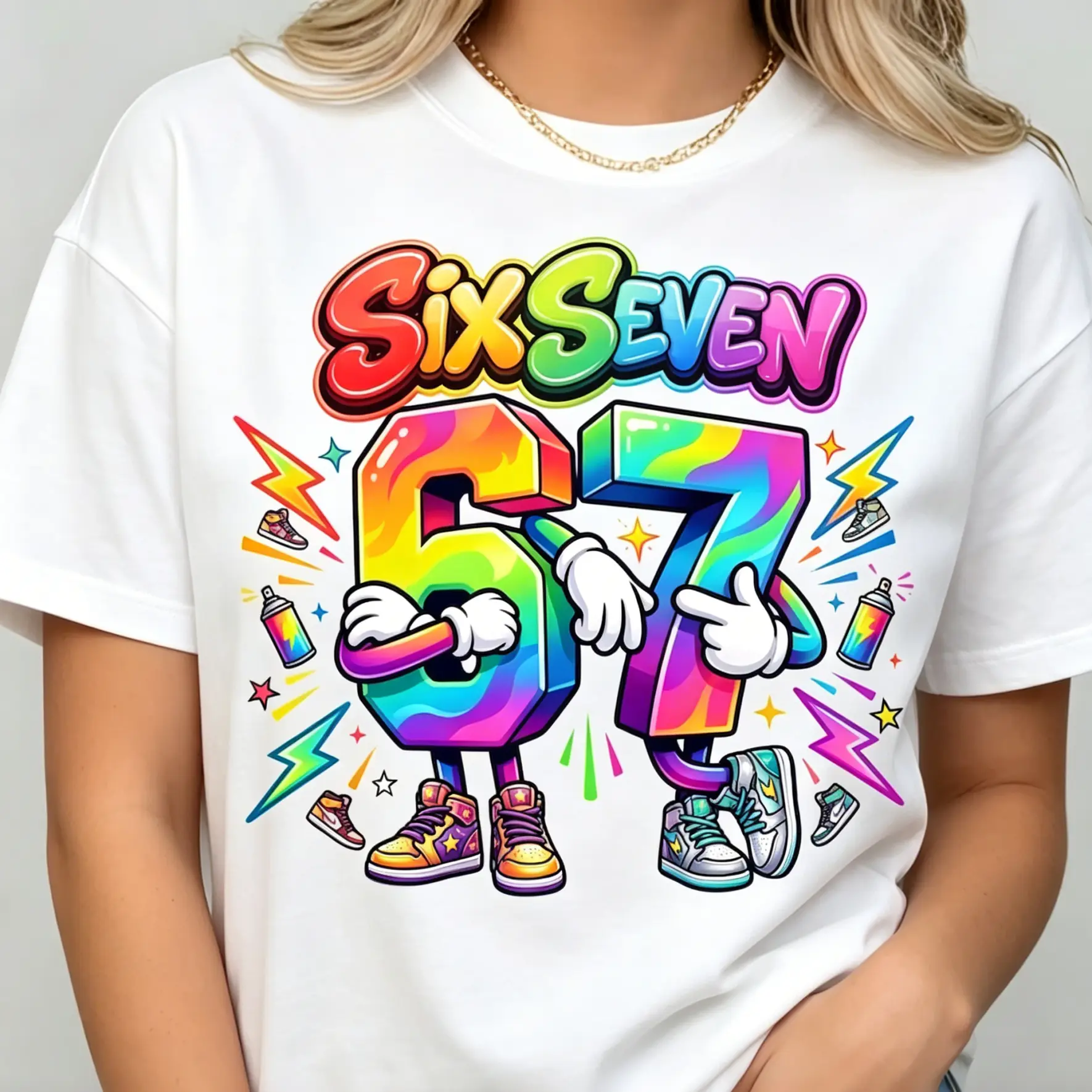 Rainbow Cartoon SixSeven 67 Graphic T-Shirt, Graffiti Number Character Crew Neck Tee, Unisex Streetwear Casual Short Sleeve Top,Fun Streetwear Gift T-Shirt,Ideal for Daily Outings and Street Fashion Looks # SixSevenShirt # 67GraphicTee # RainbowCartoonTsh