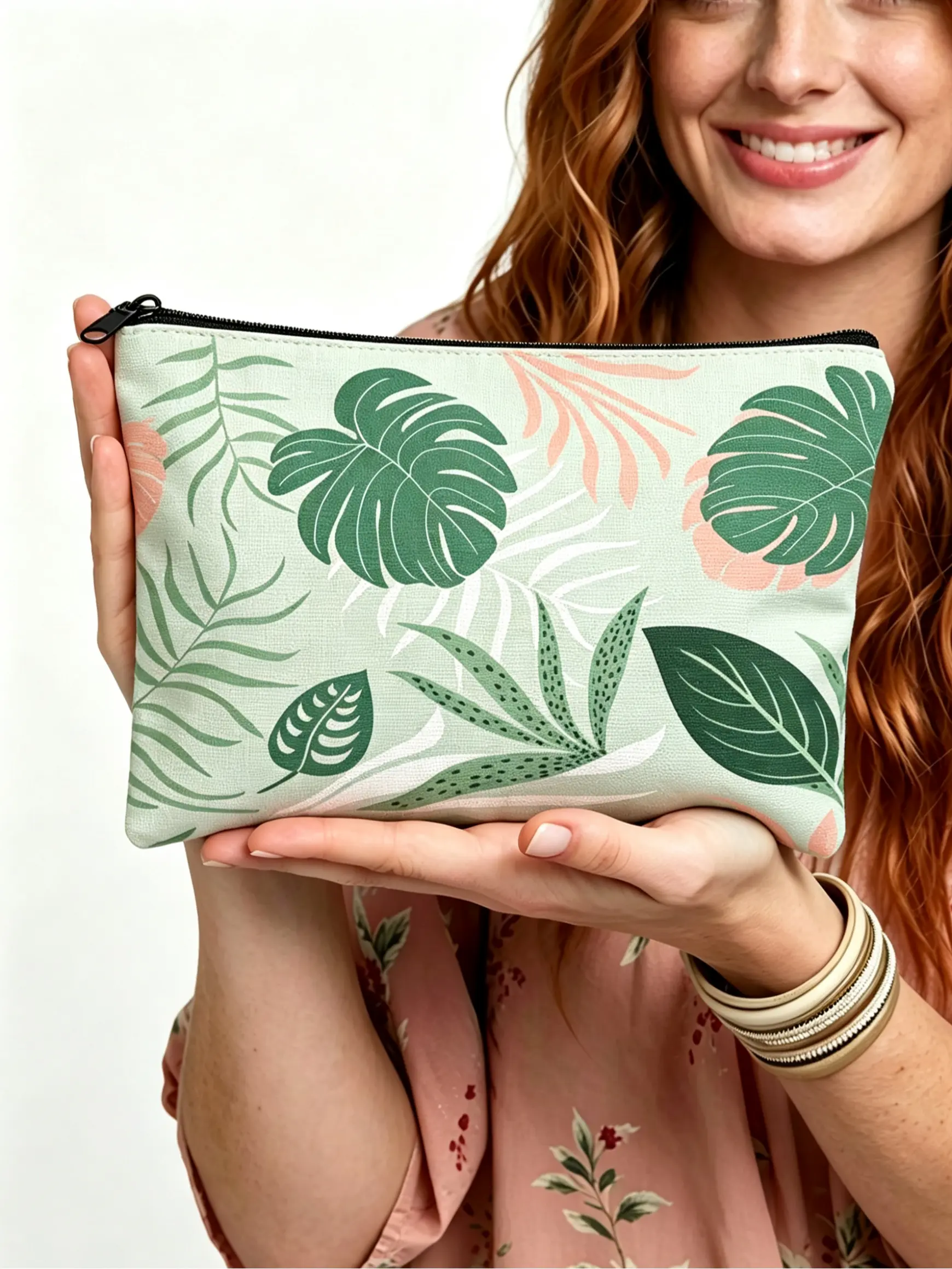 Tropical Leaf Pattern Zipper Bag, Fresh Makeup Pouch, Unique Design, Foldable, Multi-Functional, Lightweight, Casual Style