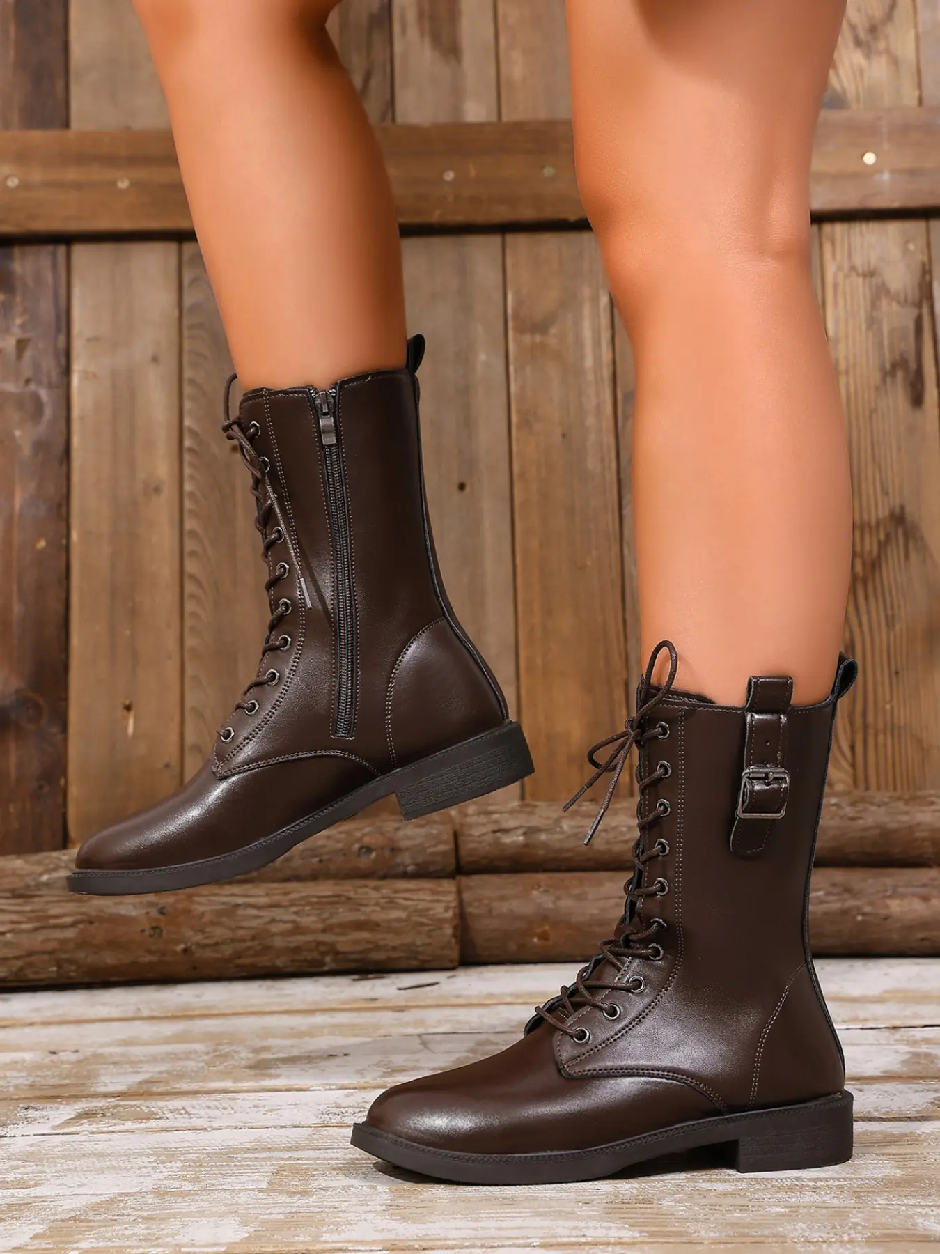 Women's Retro Lace-Up Boots, Low Heel Mid-Calf Motorcycle Boots, Side Zipper Workwear Boots, Slim Fit Versatile Knight Short Boots