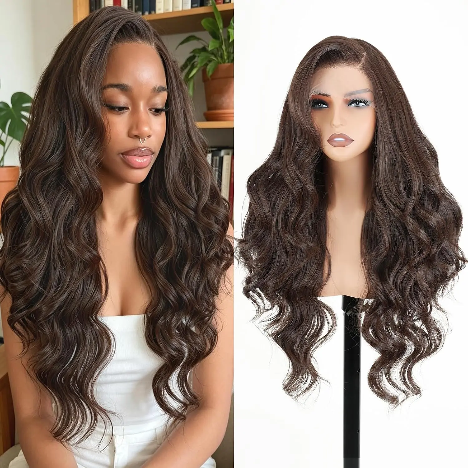 Free Part 13x6  Brown  Lace Frontal Wig 28inch  Looking Easy to Wear Heat Resistant Synthetic Wigs Long Wavy Girls  Daily Party Use for Black Women