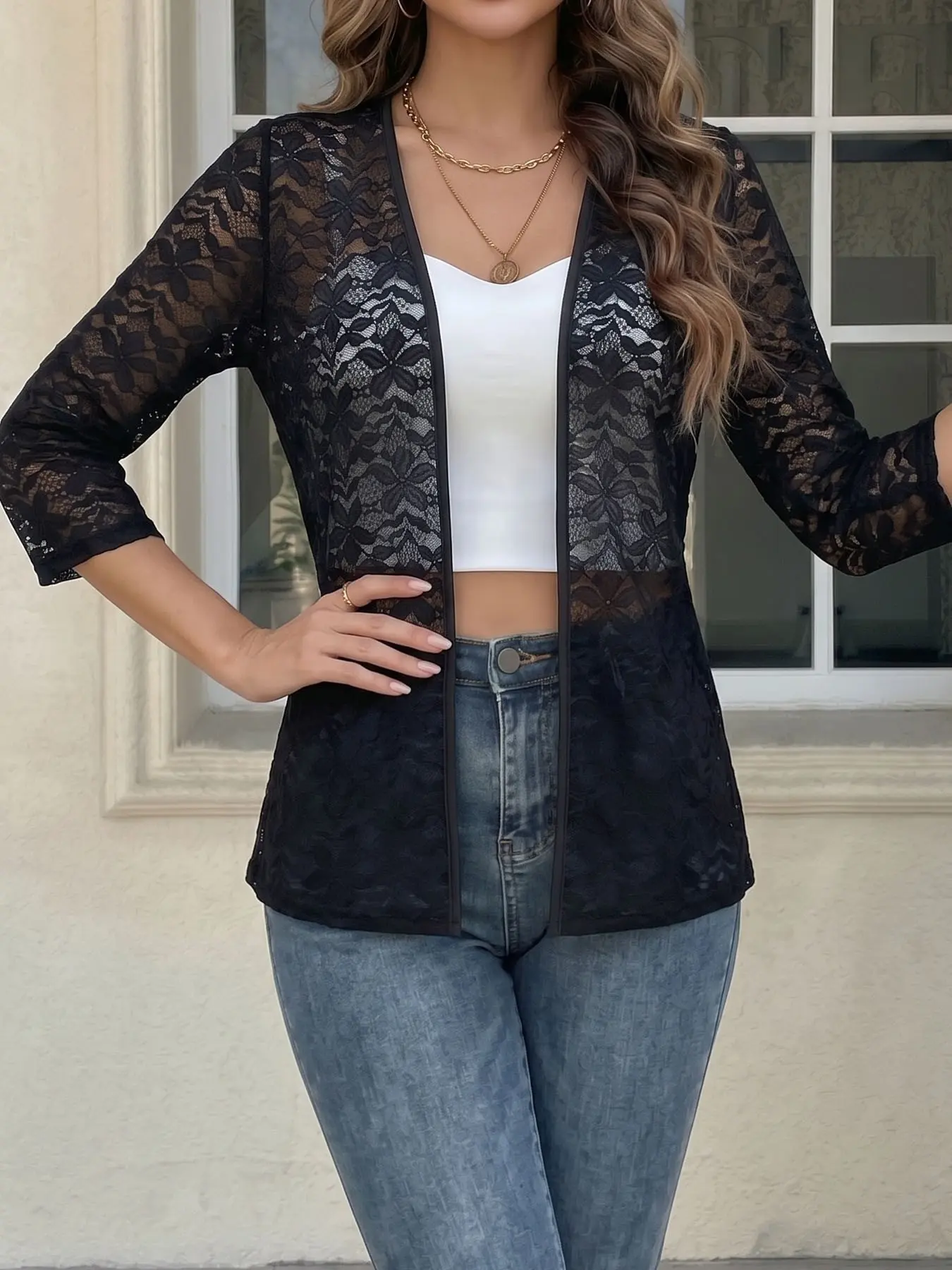 Women's Hollow Out Breathable Sun Protection Lace Cardigan, Casual Commute Wear, Three-Quarter Sleeve V Neck Buttonless Outerwear, Chic Lightweight Jacket