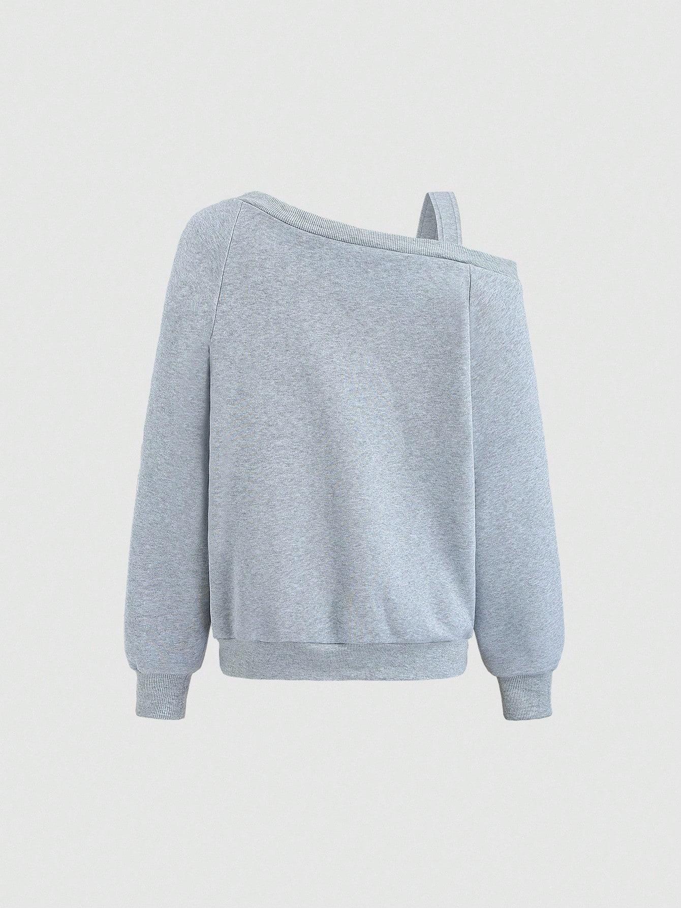 Women's Casual Butterfly Embroidered Sweatshirt, Gray Off Shoulder Asymmetrical Strap Top, Frayed Edge Long Sleeve Pullover, Fashion Daily Wear for Outdoor Activities & Relaxed Outfits
