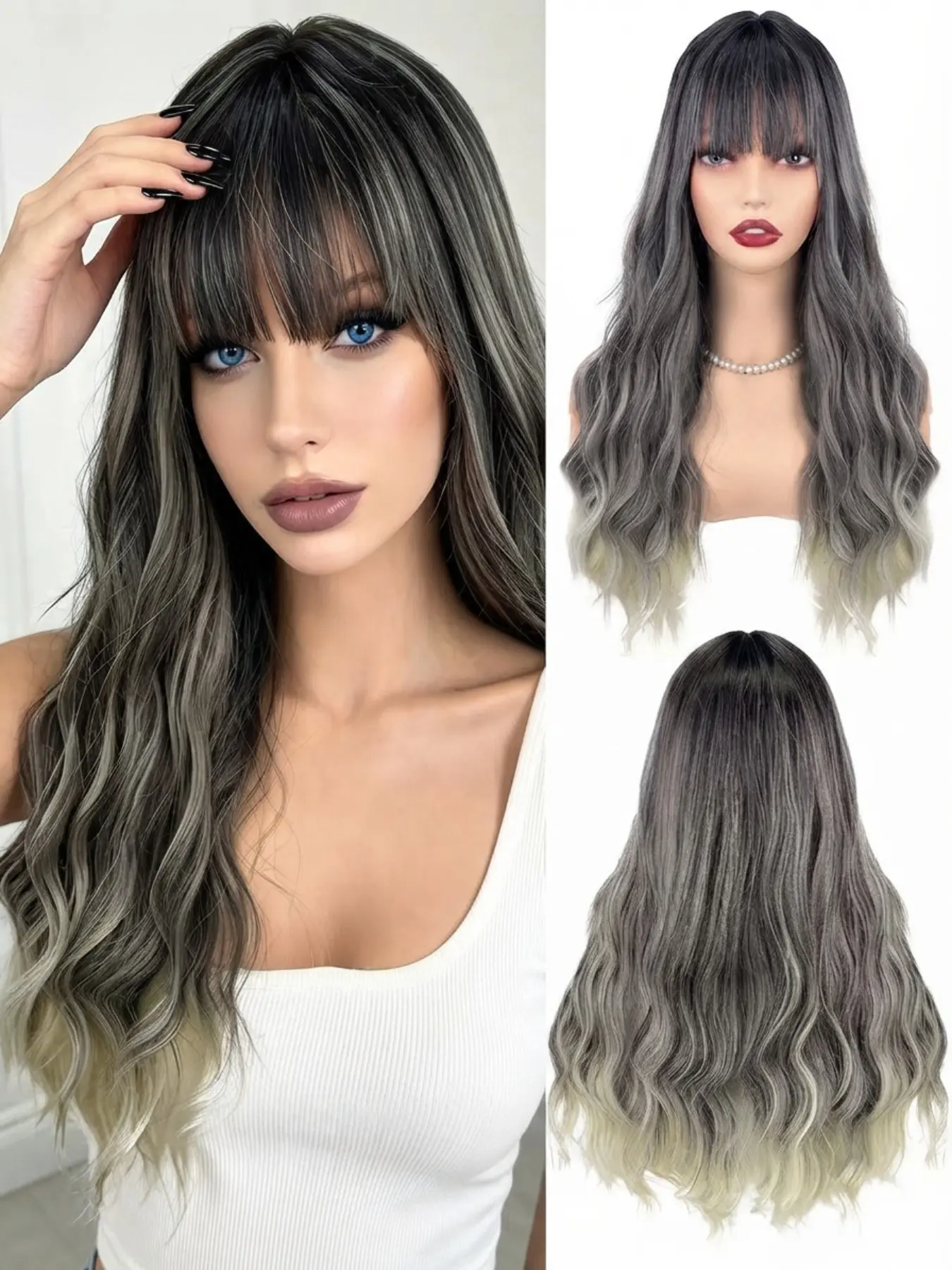 Long Wavy Synthetic Wig with Bangs for Women, Ombre Ash Grey Highlighted Body Wave Wig, Natural Looking Heat Resistant Full Glueless Hair Wigs for Daily Party - Flatter Face Shape & Save Styling Time