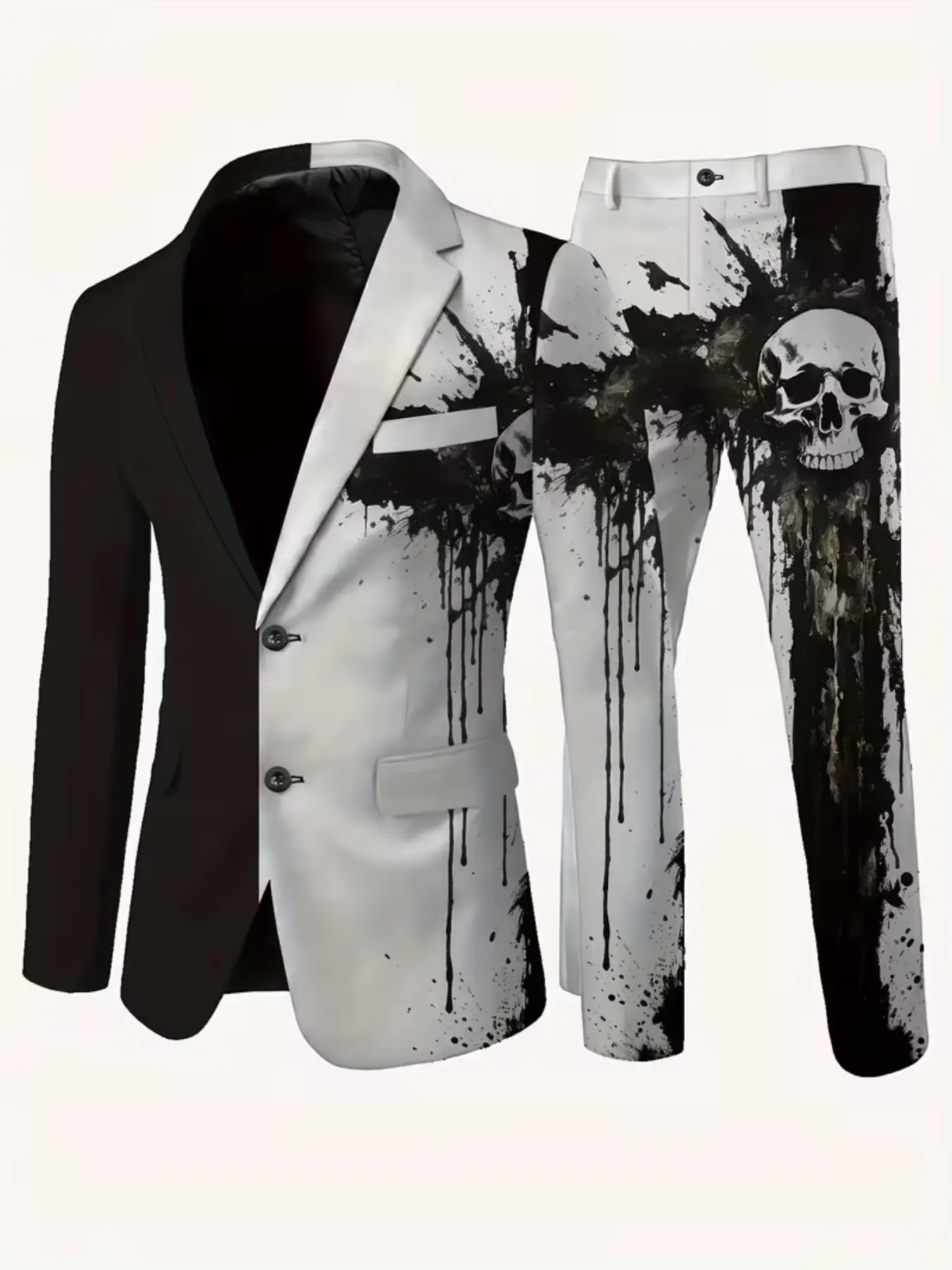 Men's Halloween Costume Blazer Set, Two-Piece Skull Print Suit, Long Sleeve Slim Fit, Casual Party, All Seasons Wear